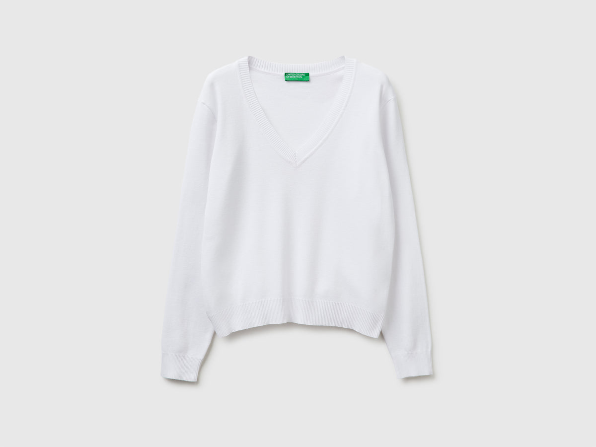Camisola branca em algodão tricô com decote em V - ucb_image_FS