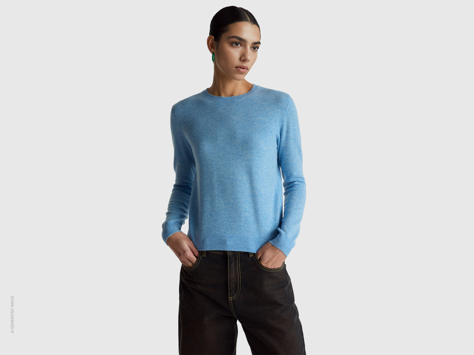 Camisola de gola redonda azul-claro em lã Merino - ucb_image_F