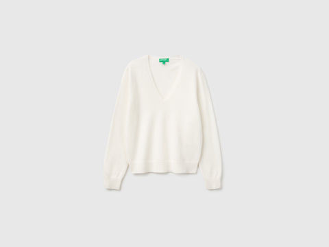Camisola decote em V cor nata em pura lã Merino - ucb_image_FS