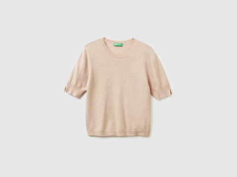 Camisola de manga curta bege em pura lã Merino - ucb_image_FS