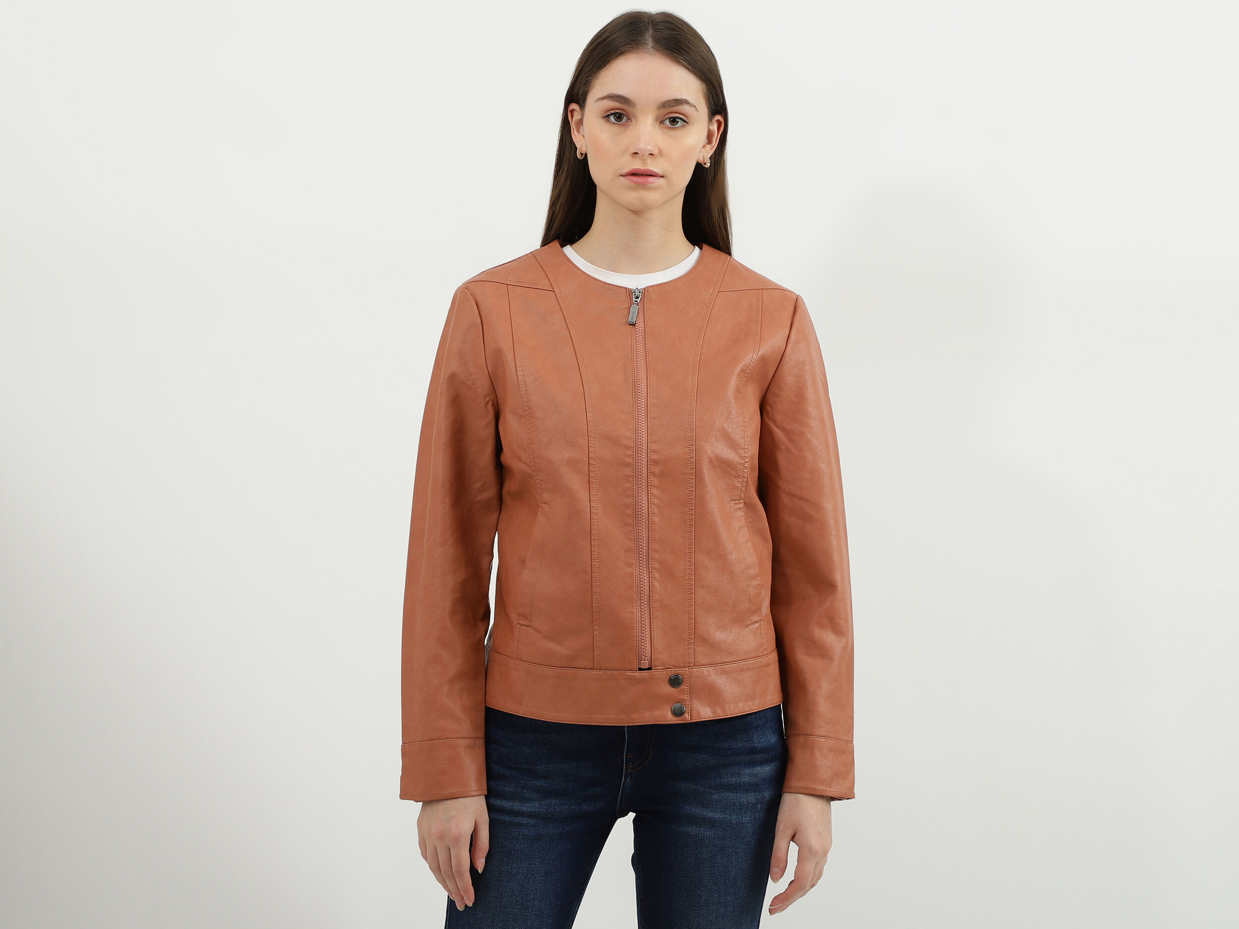 Women Solid Round Neck Jacket Brown Benetton
