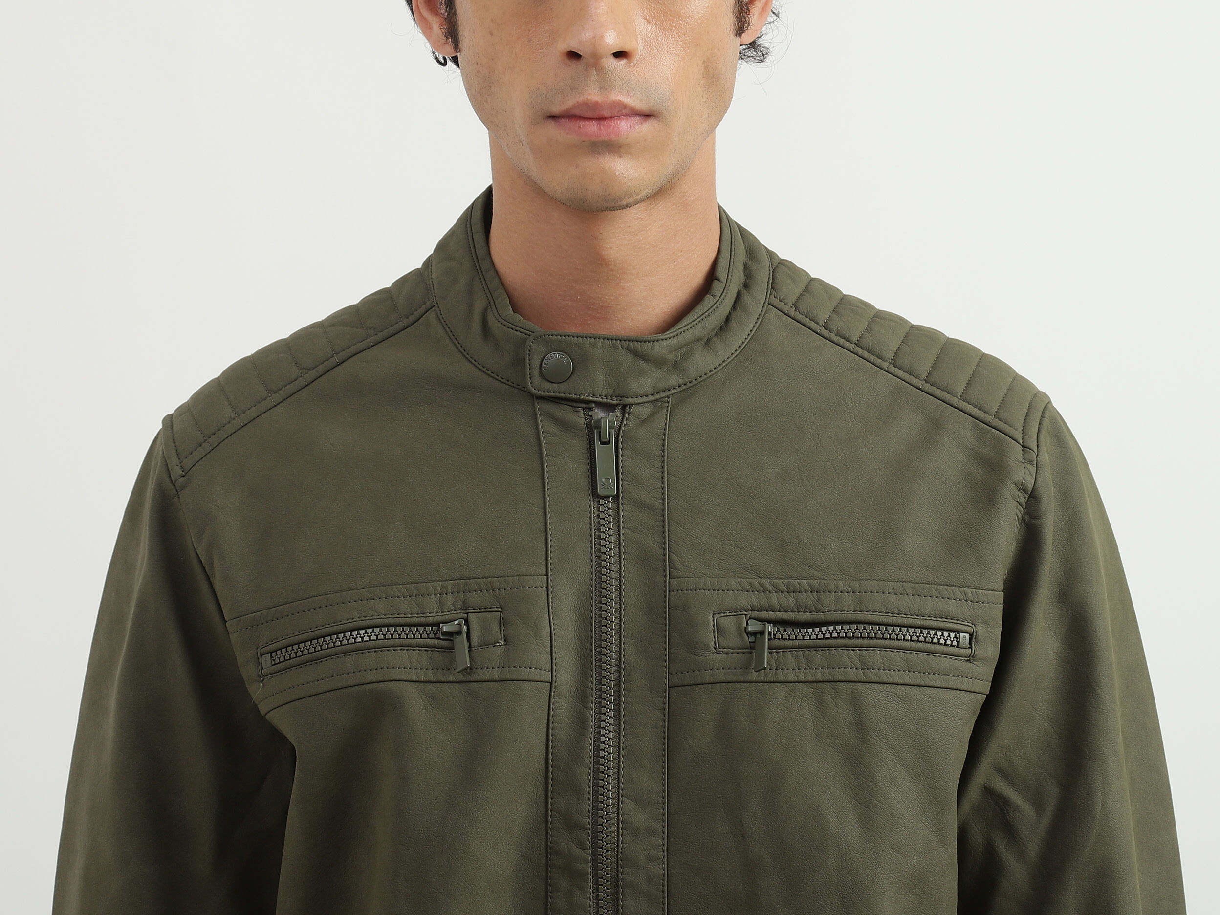 Men Solid Band Collar Jacket Green Benetton