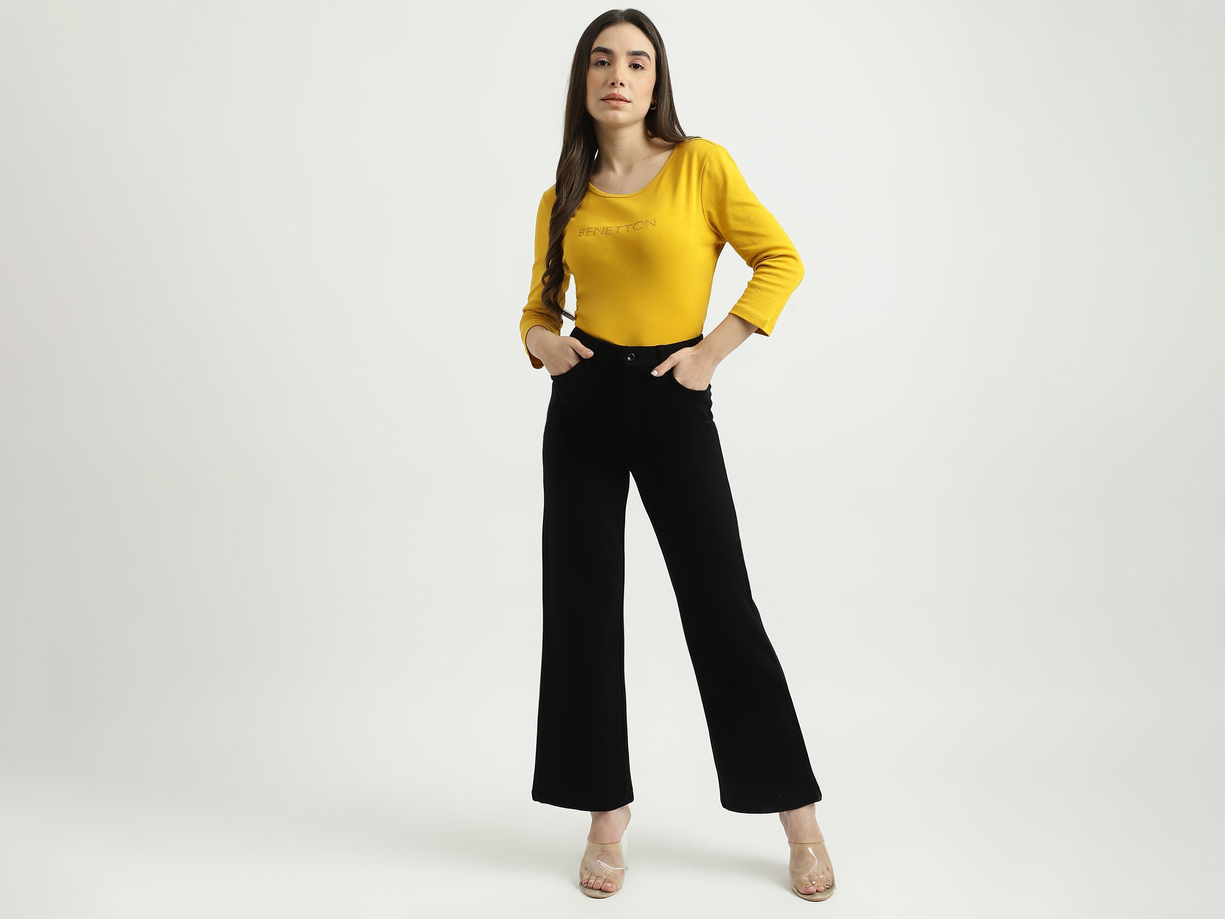 Women Solid Loose Fit Trousers - Black | Benetton