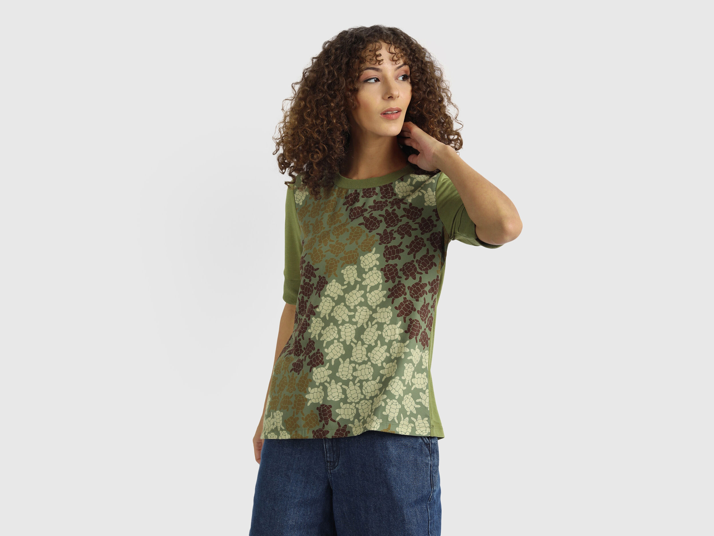 Short Sleeve Knit Woven Top Wt Turtle Print - Green | Benetton