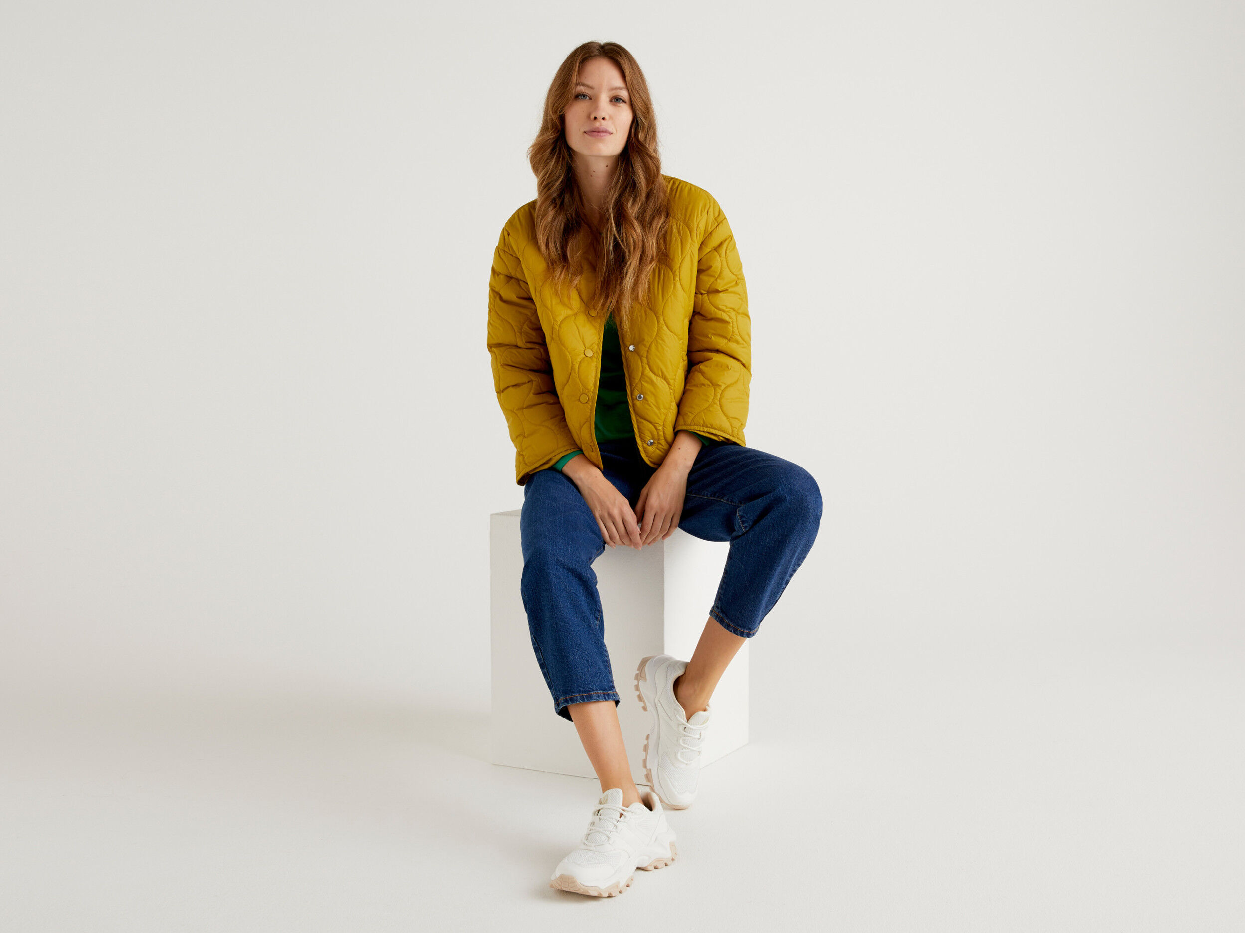 Womens Quilted Button Down V-Neck Jacket - Mustard | Benetton