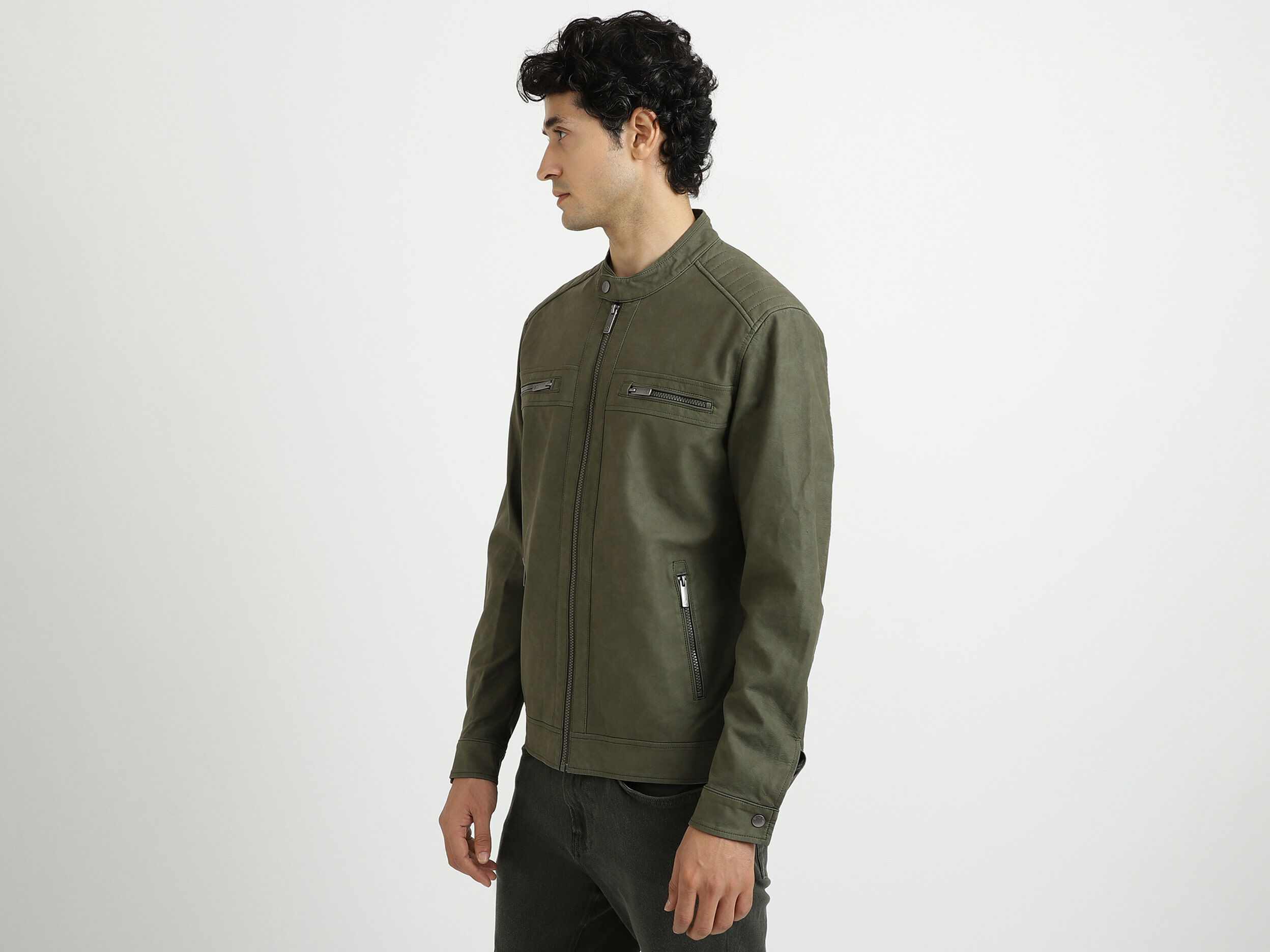Men Solid Band Collar Jacket Green Benetton