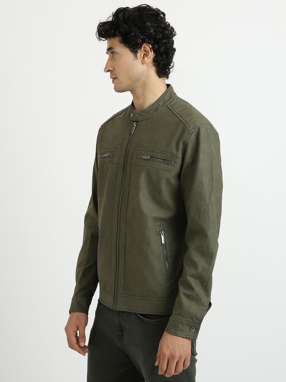Men Solid Band Collar Jacket - Green | Benetton