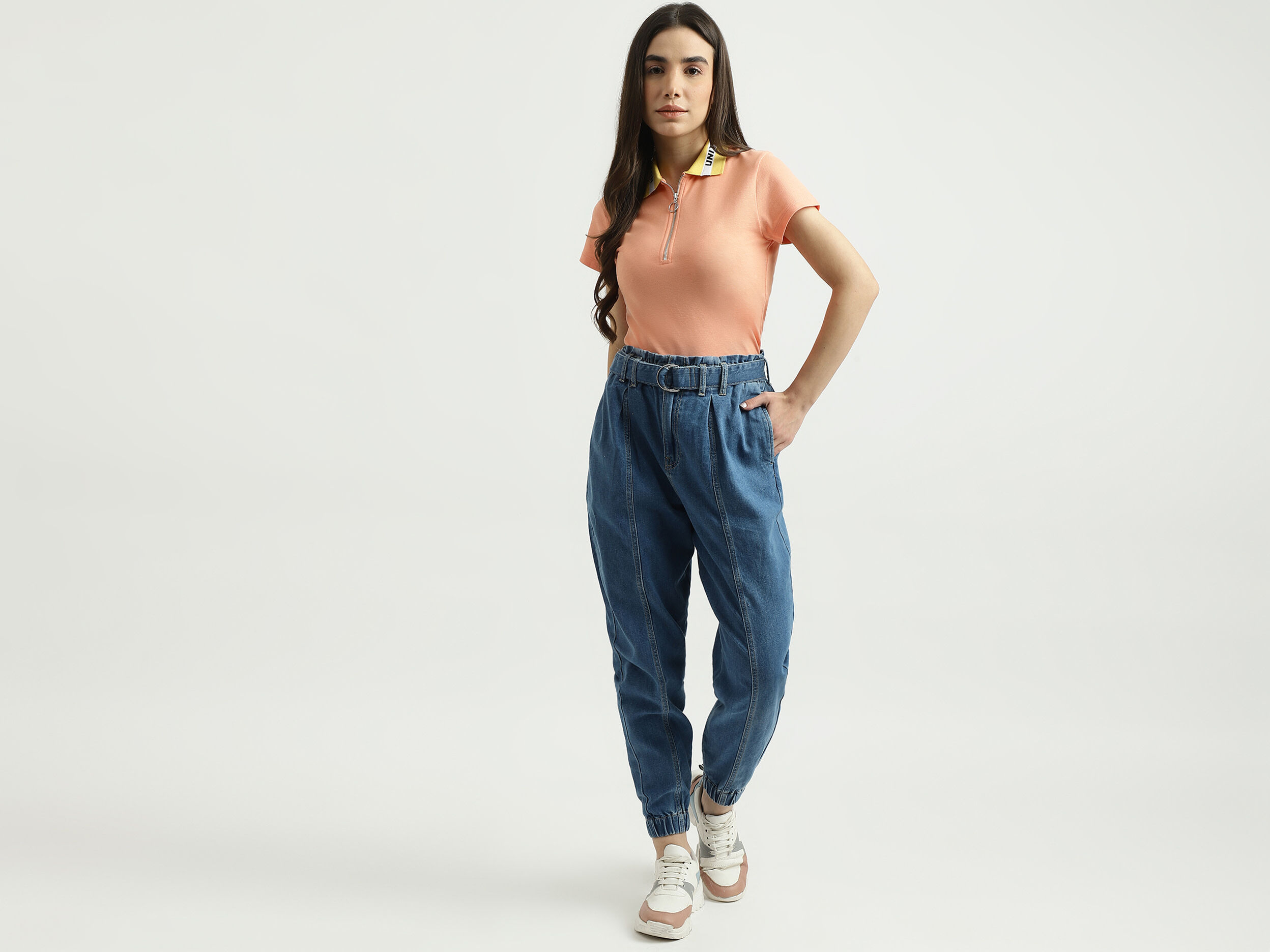 Women Solid Boxy Fit Jeans - Blue | Benetton