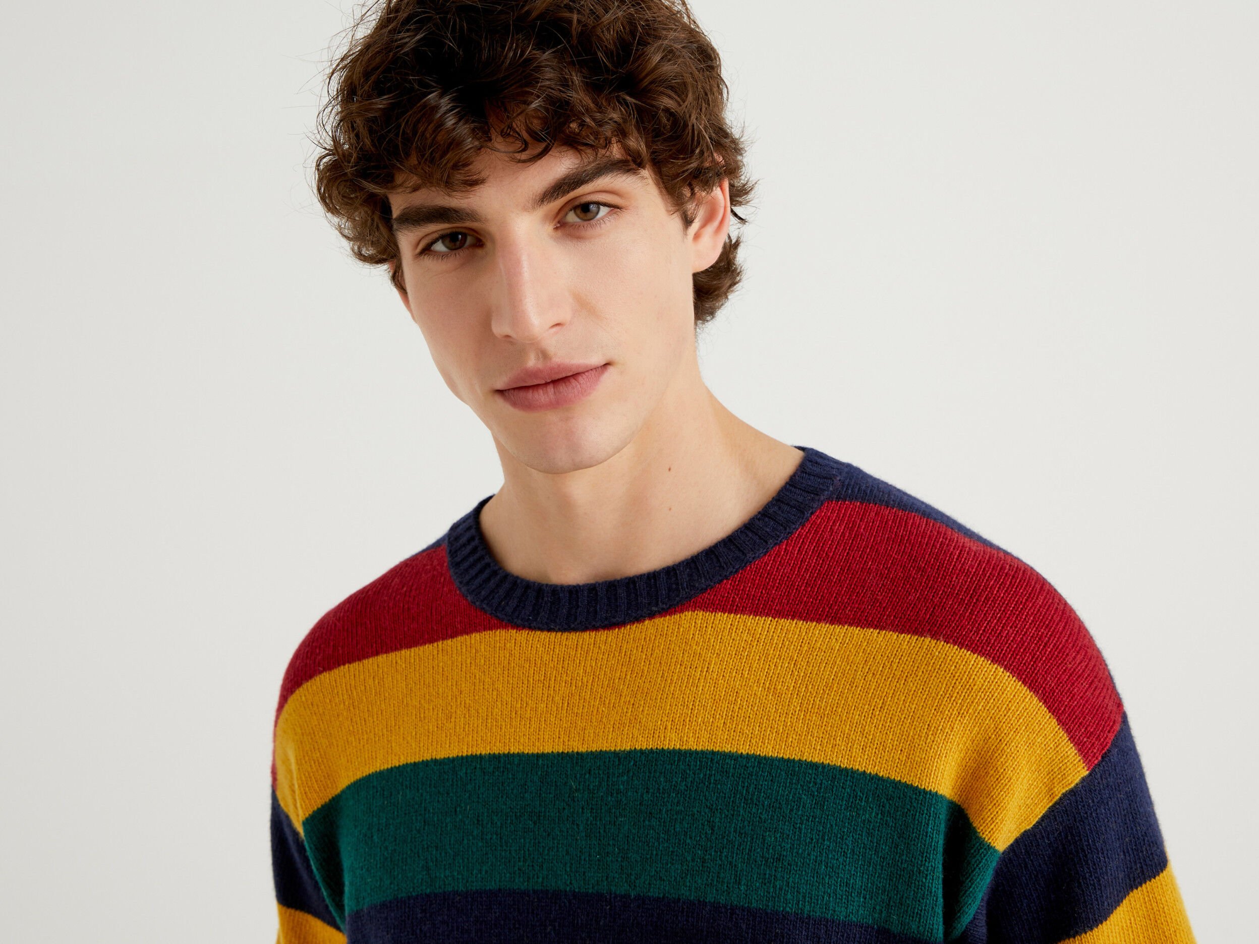 Men Striped Round Neck Sweater Multi color Benetton
