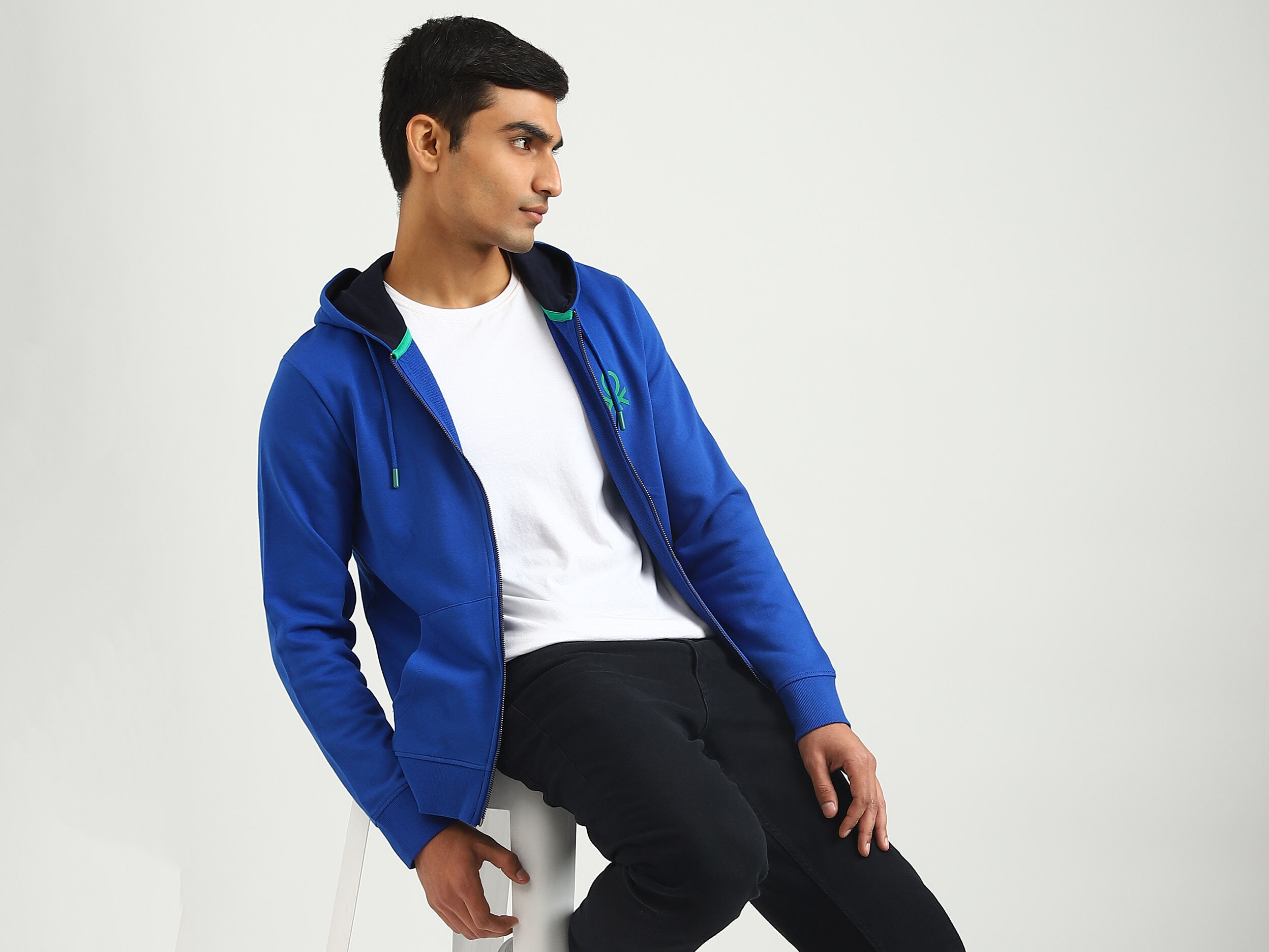 Men Brand Logo Hooded Sweatshirt - Blue | Benetton