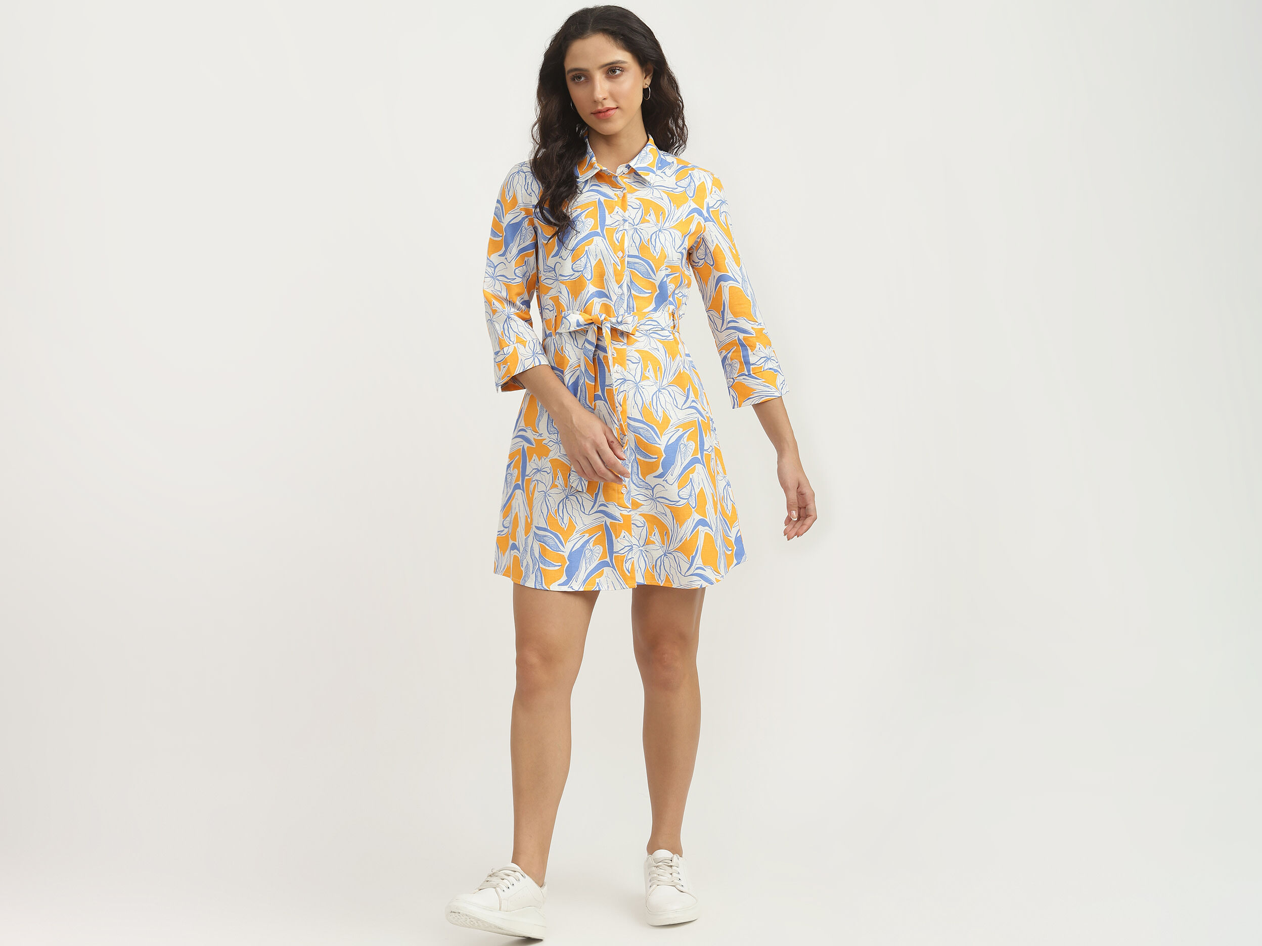 Full Sleeves Button Down Knee Length Shirt Dress White Benetton