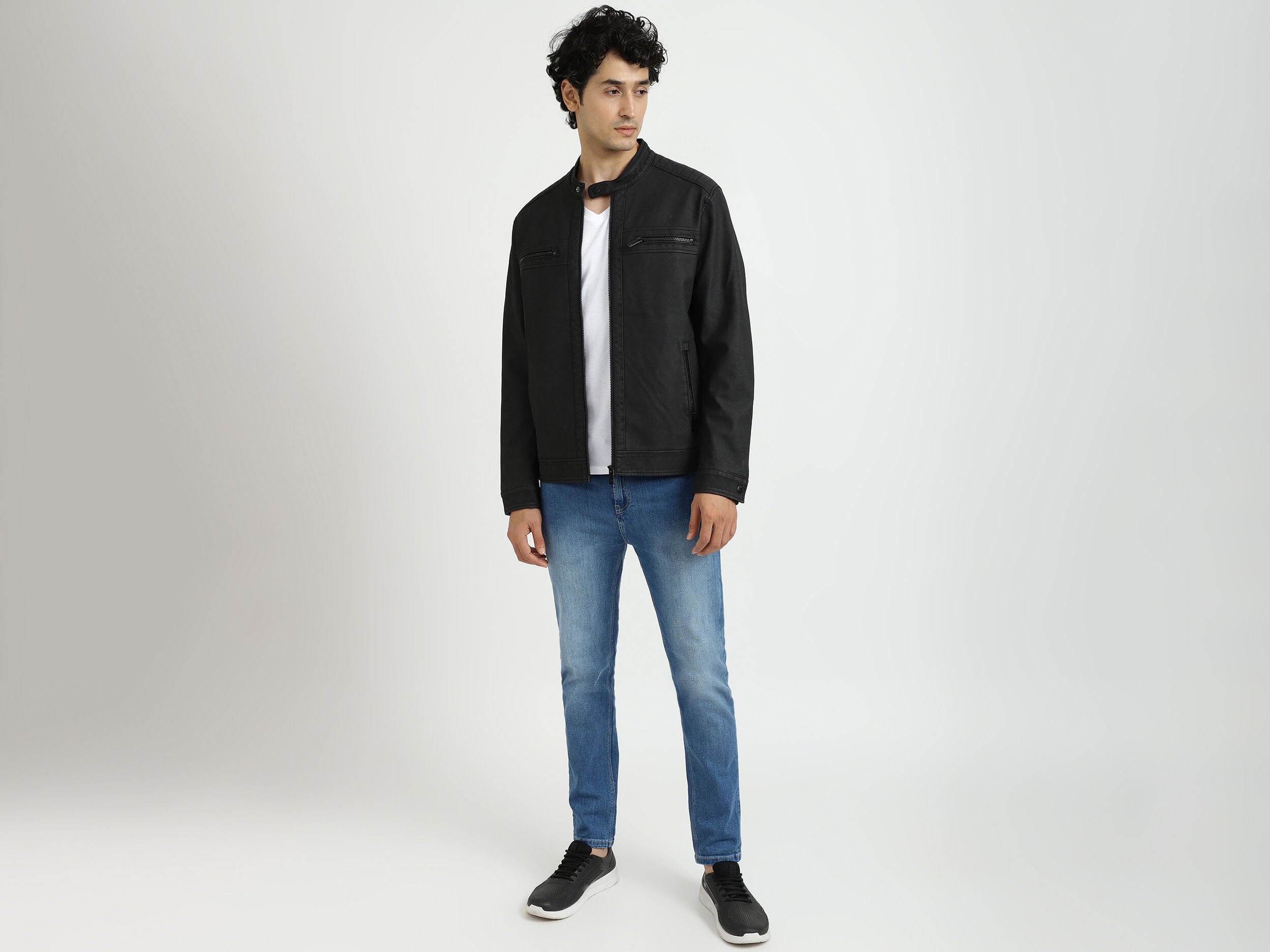 Men Solid Band Collar Jacket Black Benetton