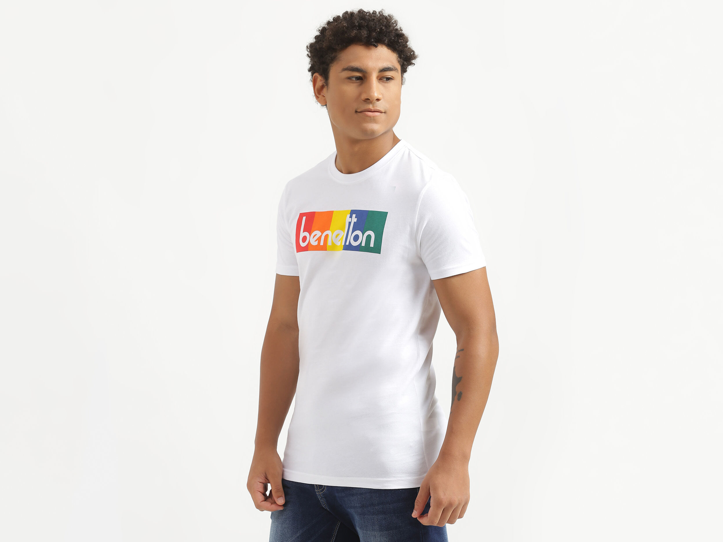 Mens Crew Neck Brand T Shirt - White | Benetton