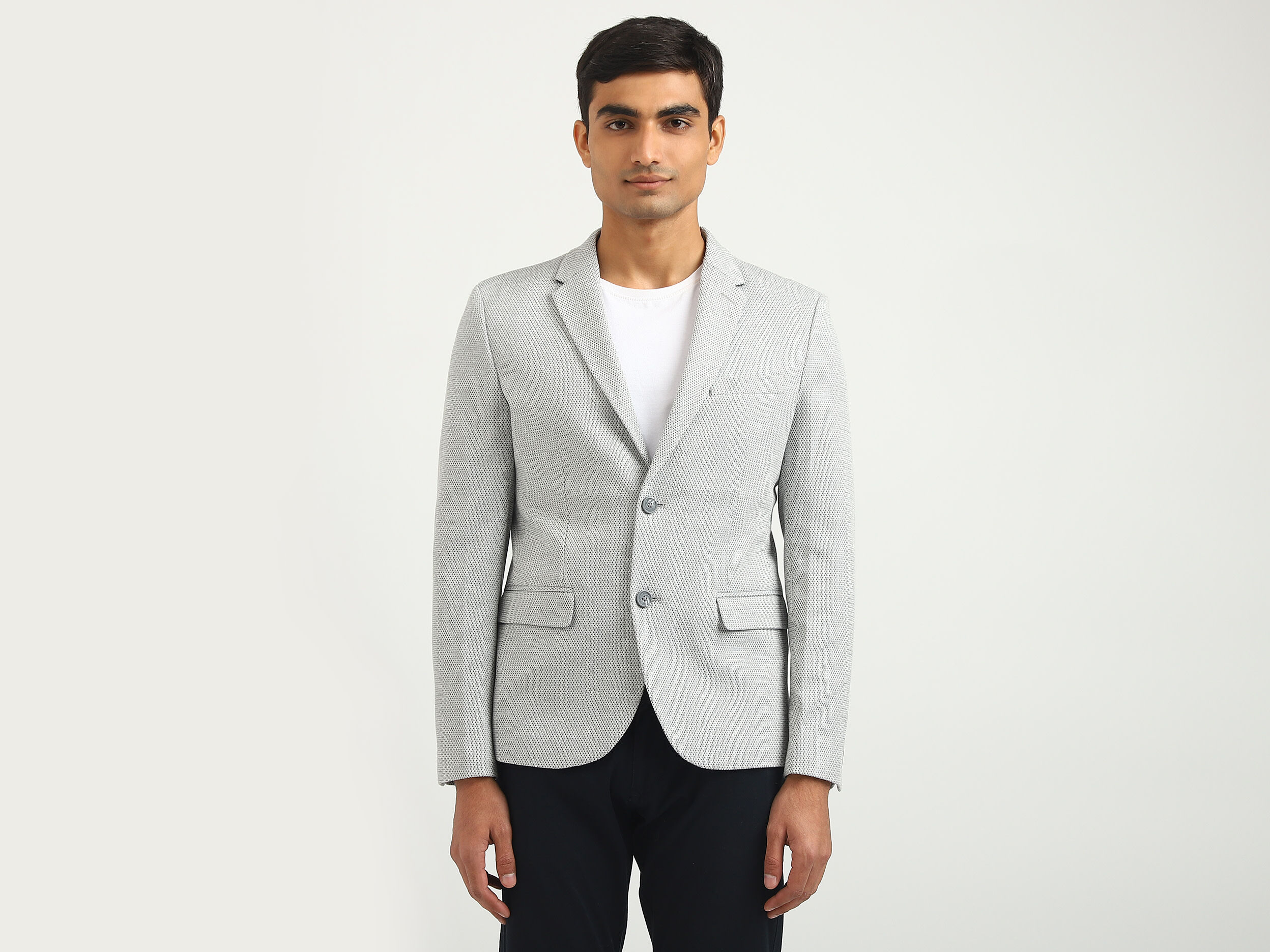 Men Textured Lapel Collar Blazer - Gray | Benetton
