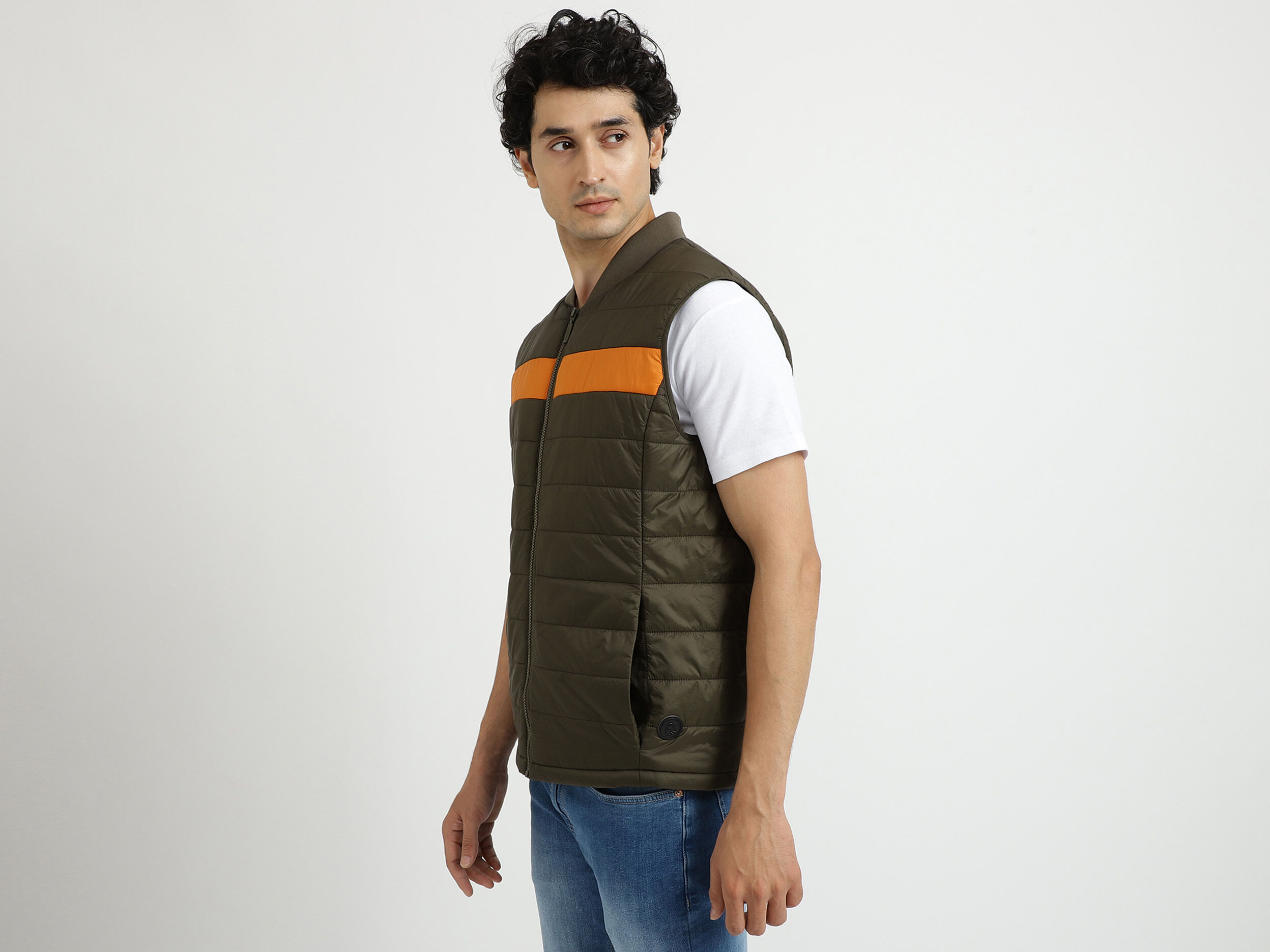 Men Quilted Stand up Collar Jacket Brown Benetton