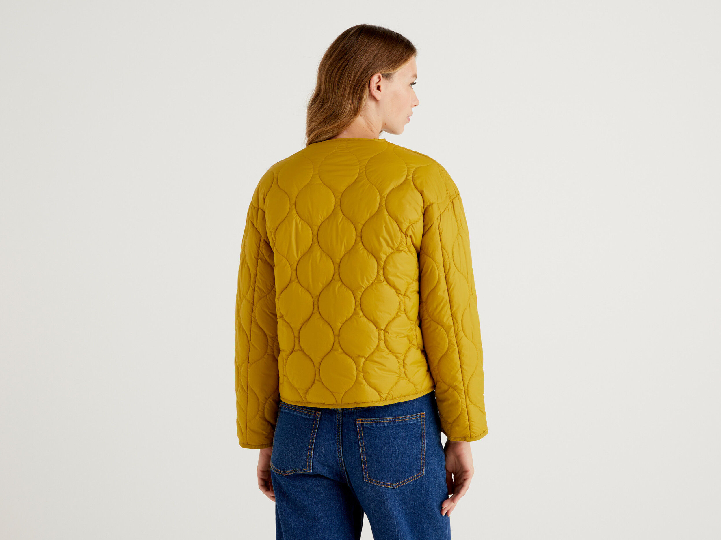 Womens Quilted Button Down V-Neck Jacket - Mustard | Benetton Womens Quilted Button Down V-Neck Jacket - Mustard | Benetton