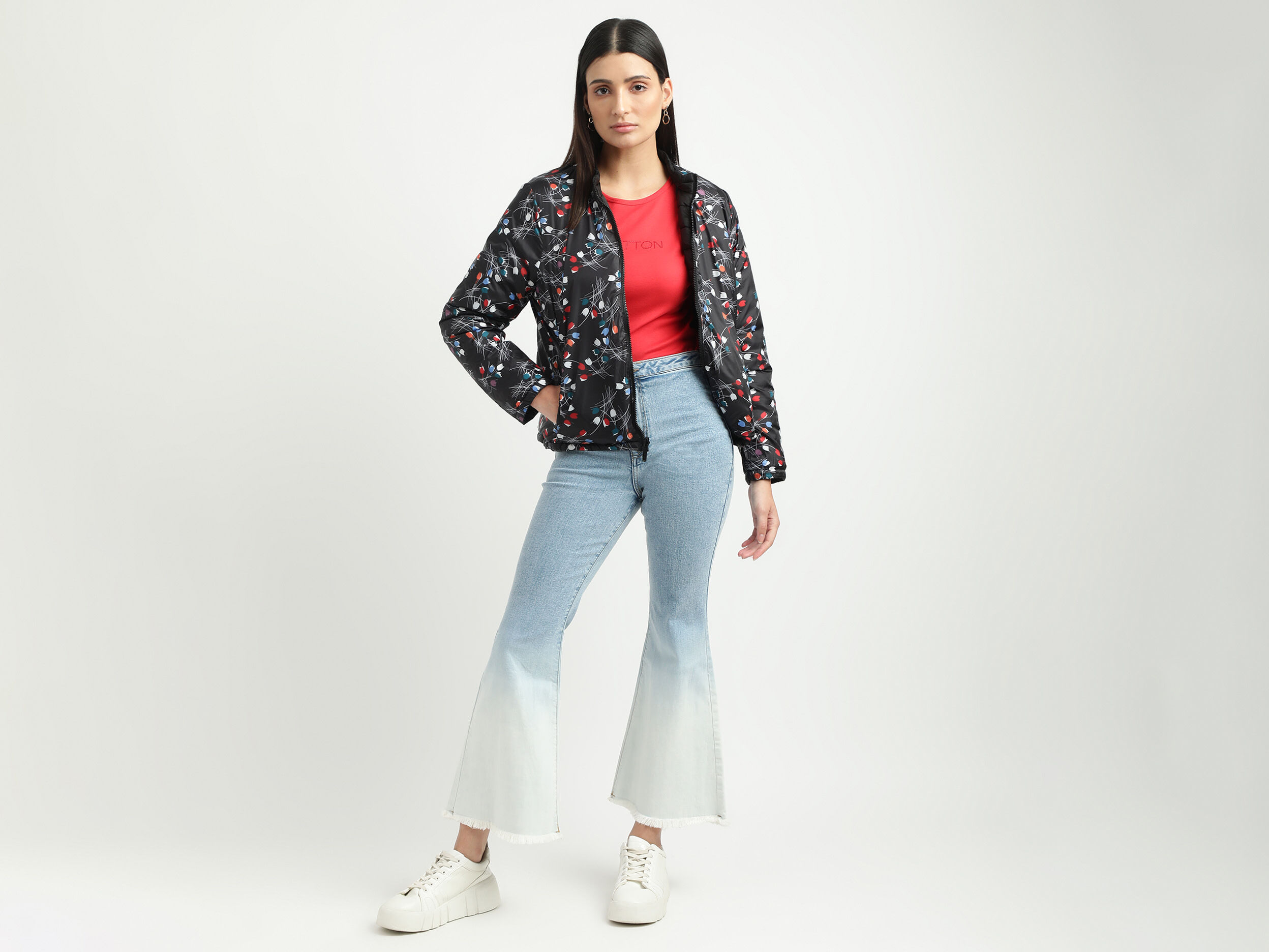 Women Quilted High Neck Reversible Jacket - Black | Benetton
