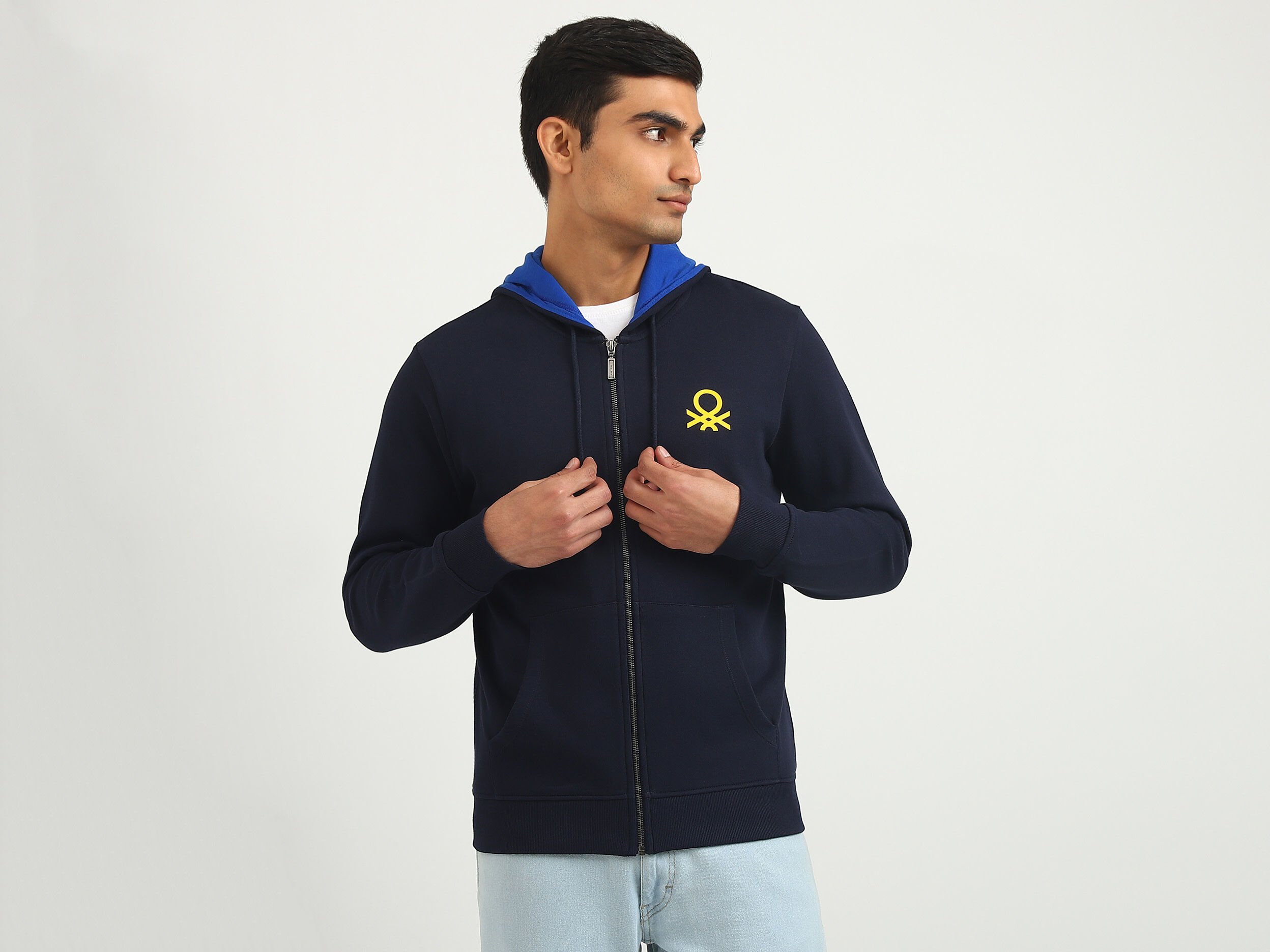 Men Brand Logo Hooded Sweatshirt Dark Blue Benetton
