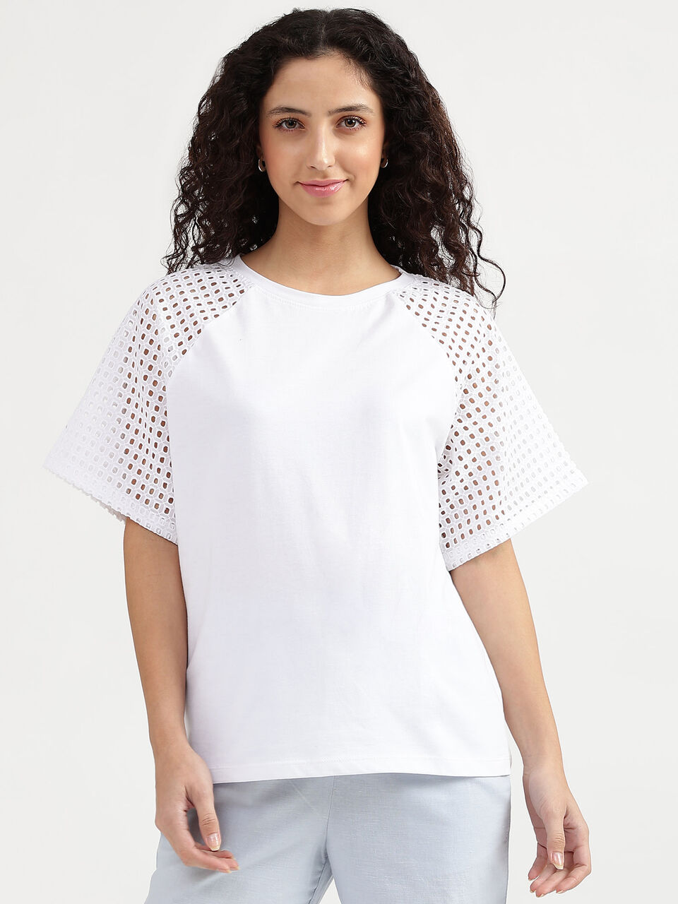 Short Sleeves Raglan Schiffli Knit Woven Top image number null