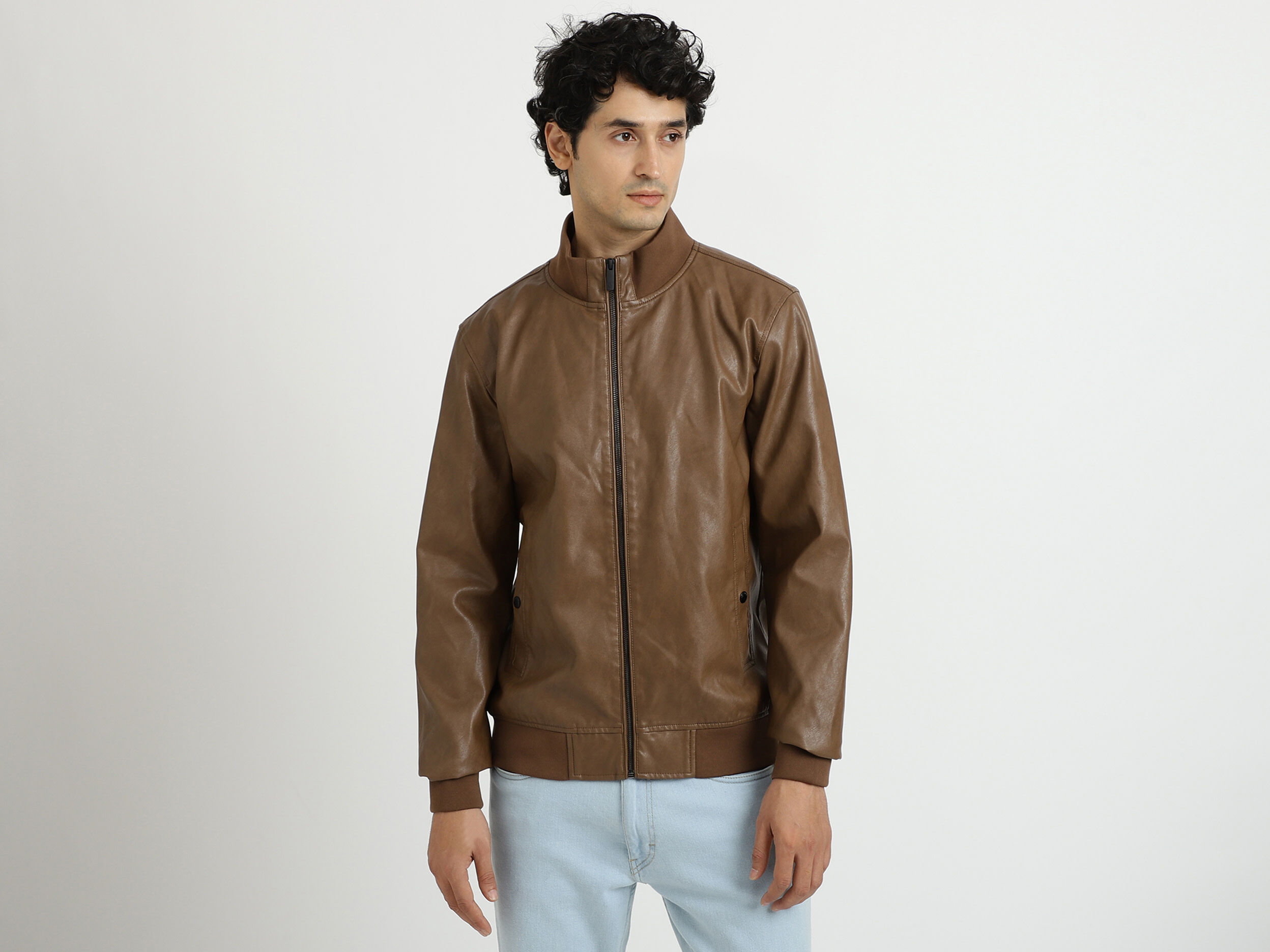 Men Solid High Neck Jacket - Brown | Benetton