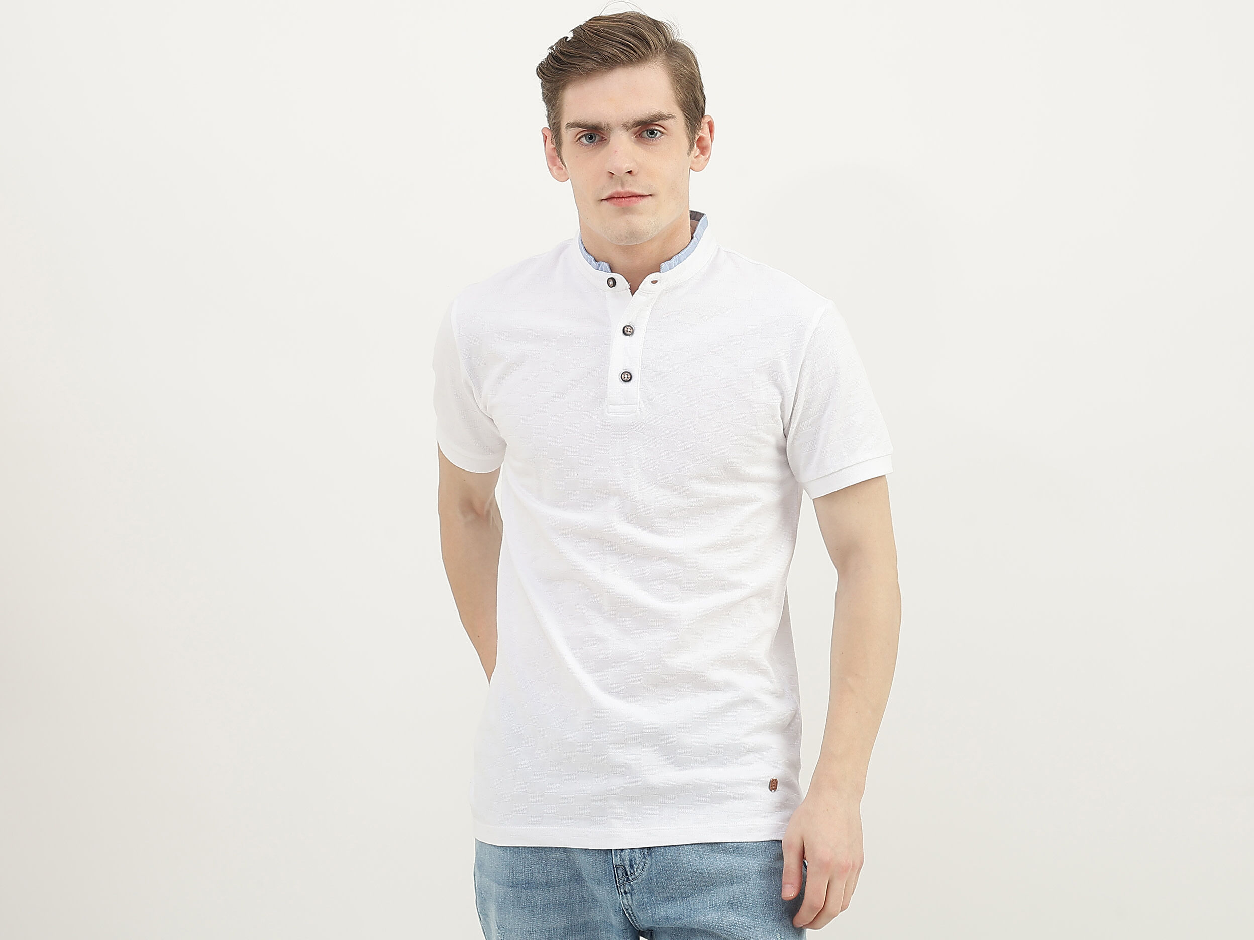 Polo t shirt with mandarin collar best sale