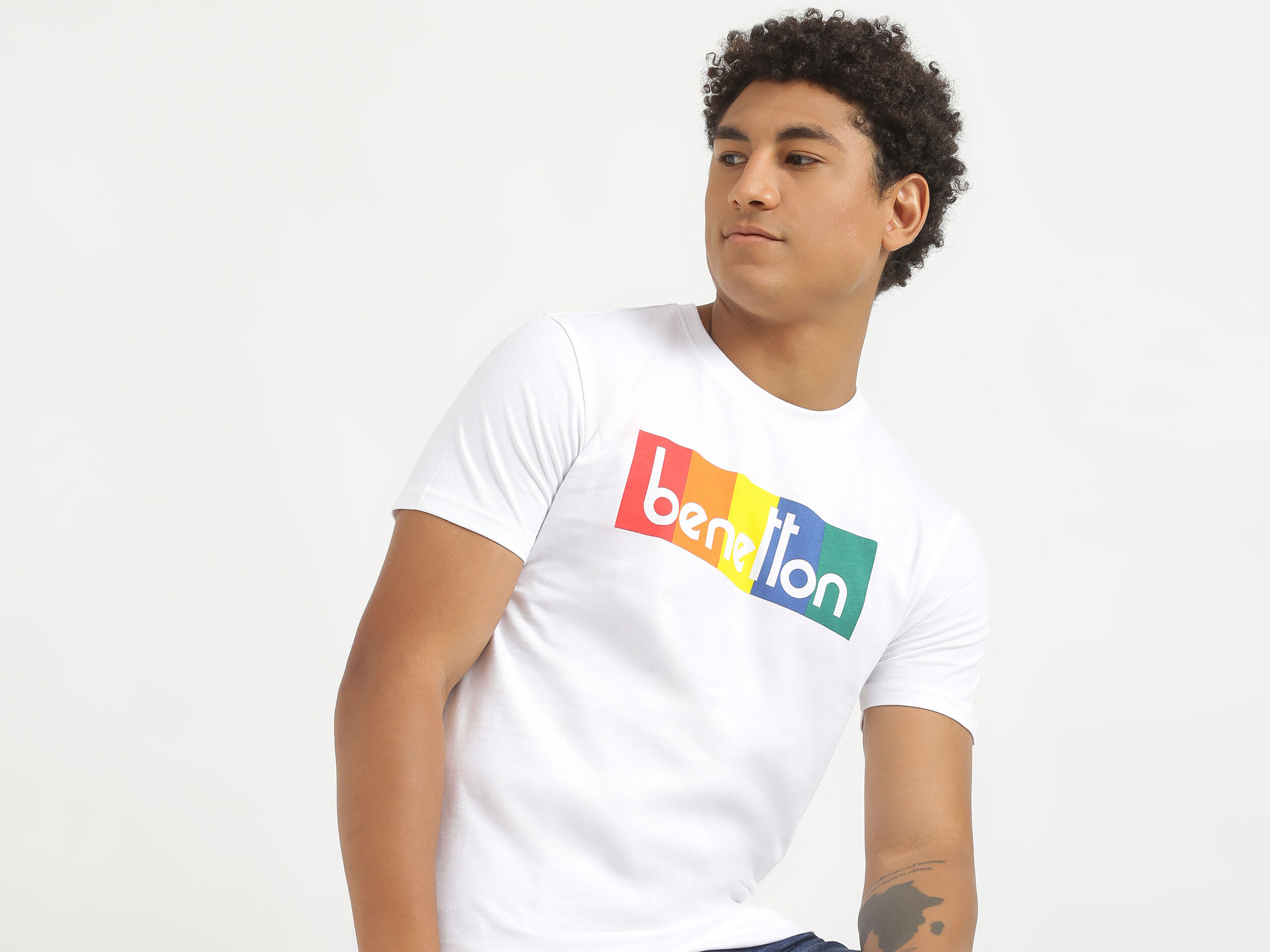 Mens Crew Neck Brand T Shirt - White | Benetton