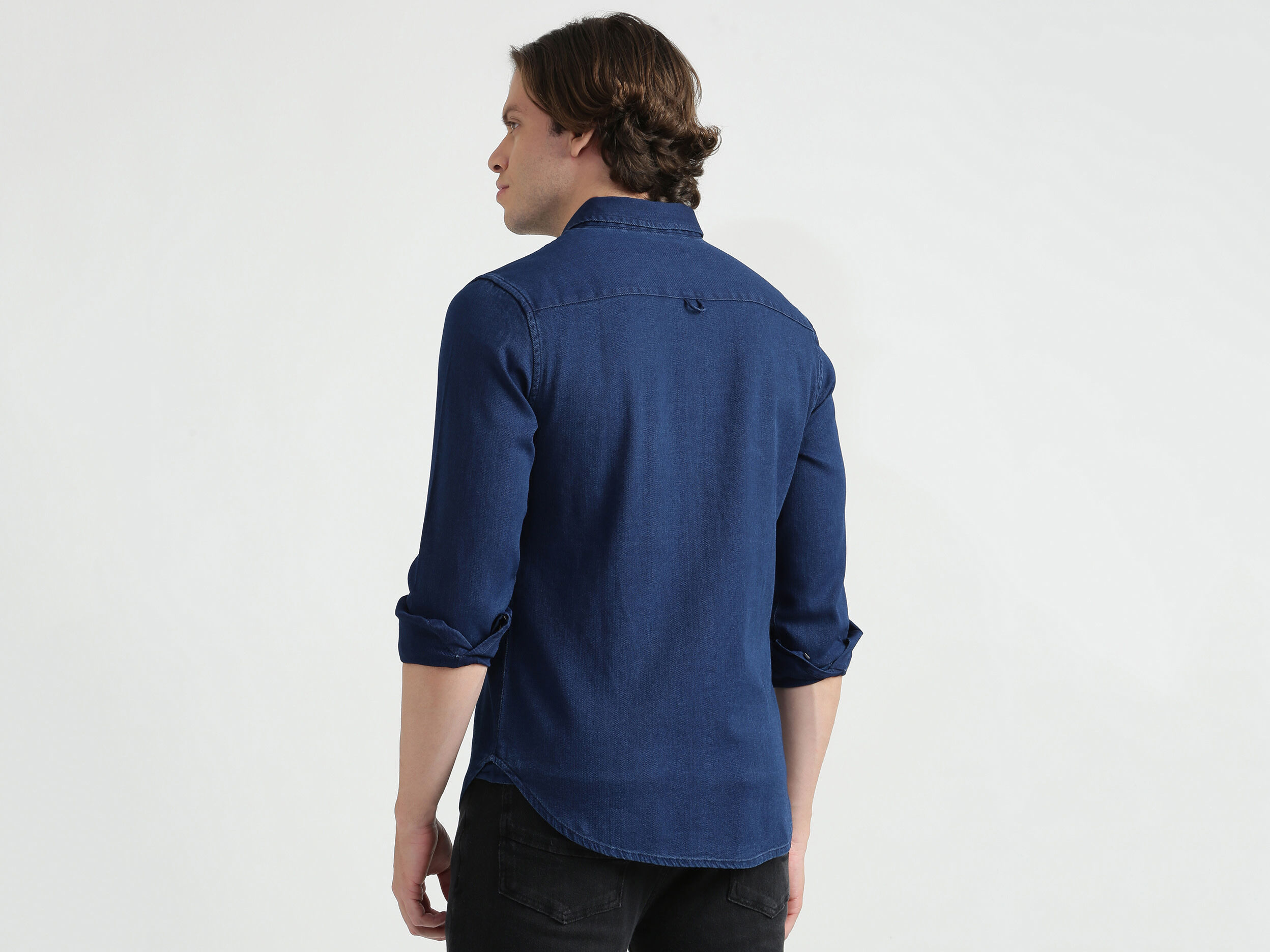 Long Sleeve Regular Collar Herringbone Denim Indigo Shirt Long Sleeve Regular Collar Herringbone Denim Indigo Shirt