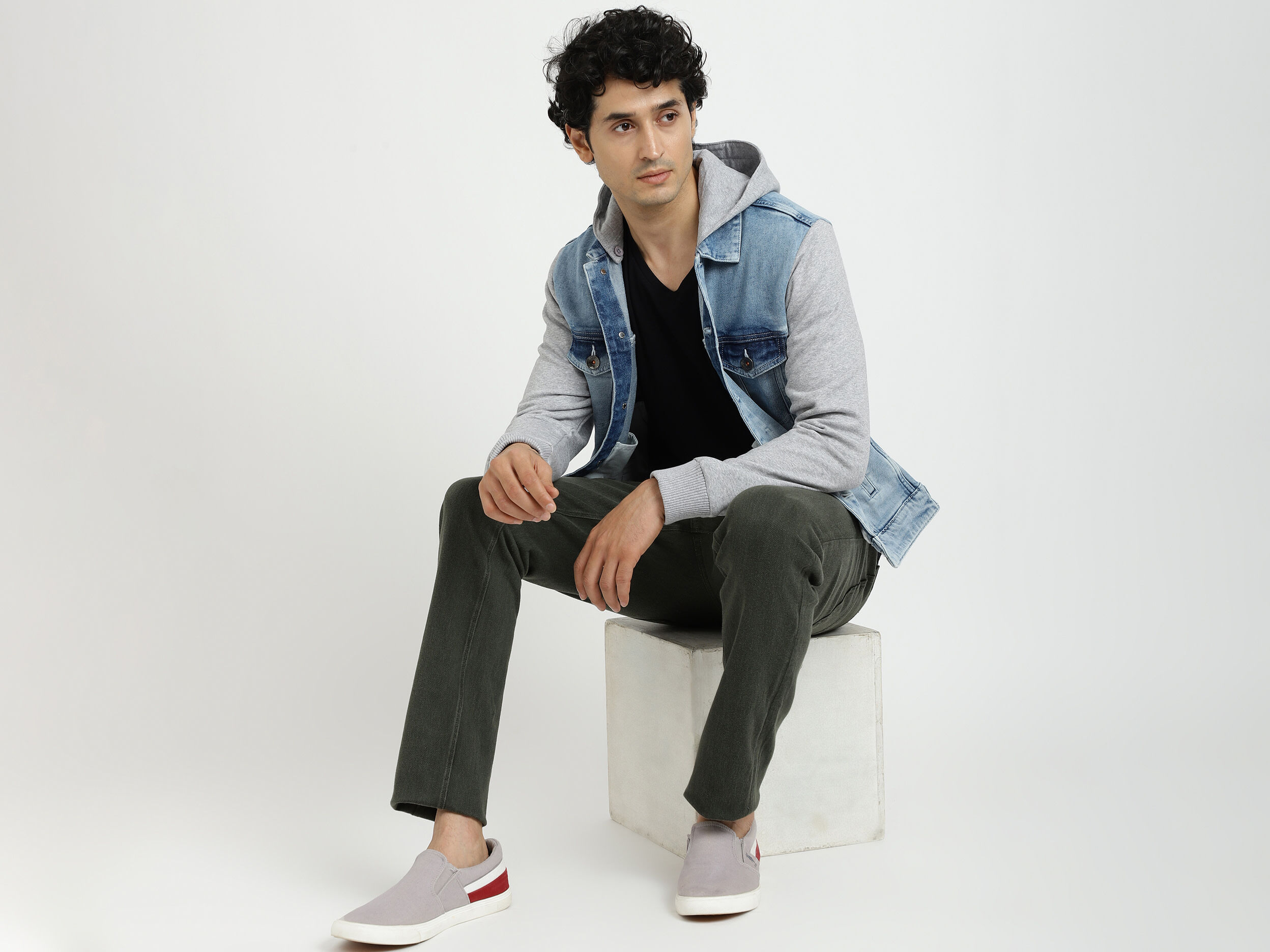 Knit sleeve sale denim jacket