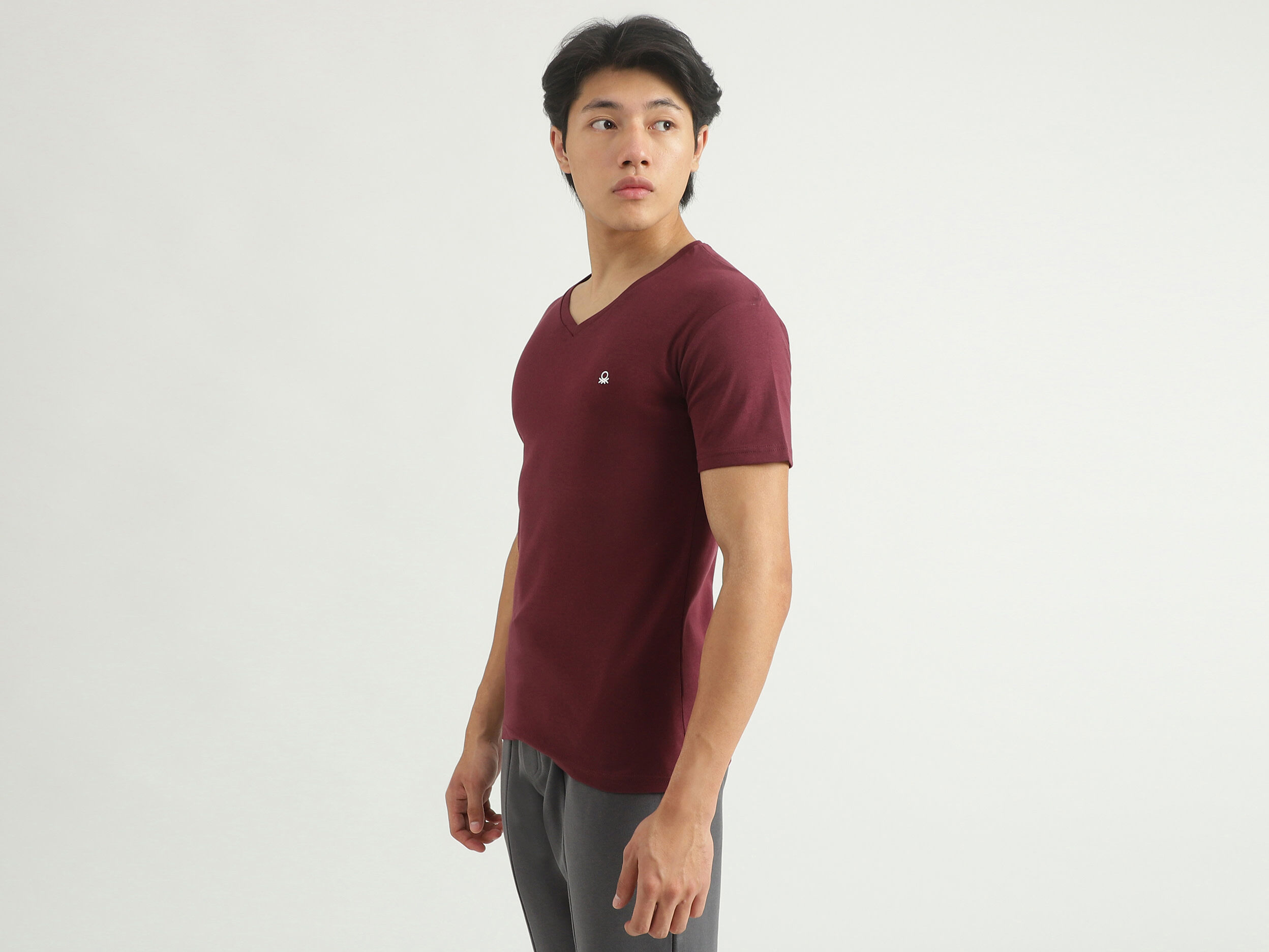 Men Solid V Neck T shirt Burgundy Benetton