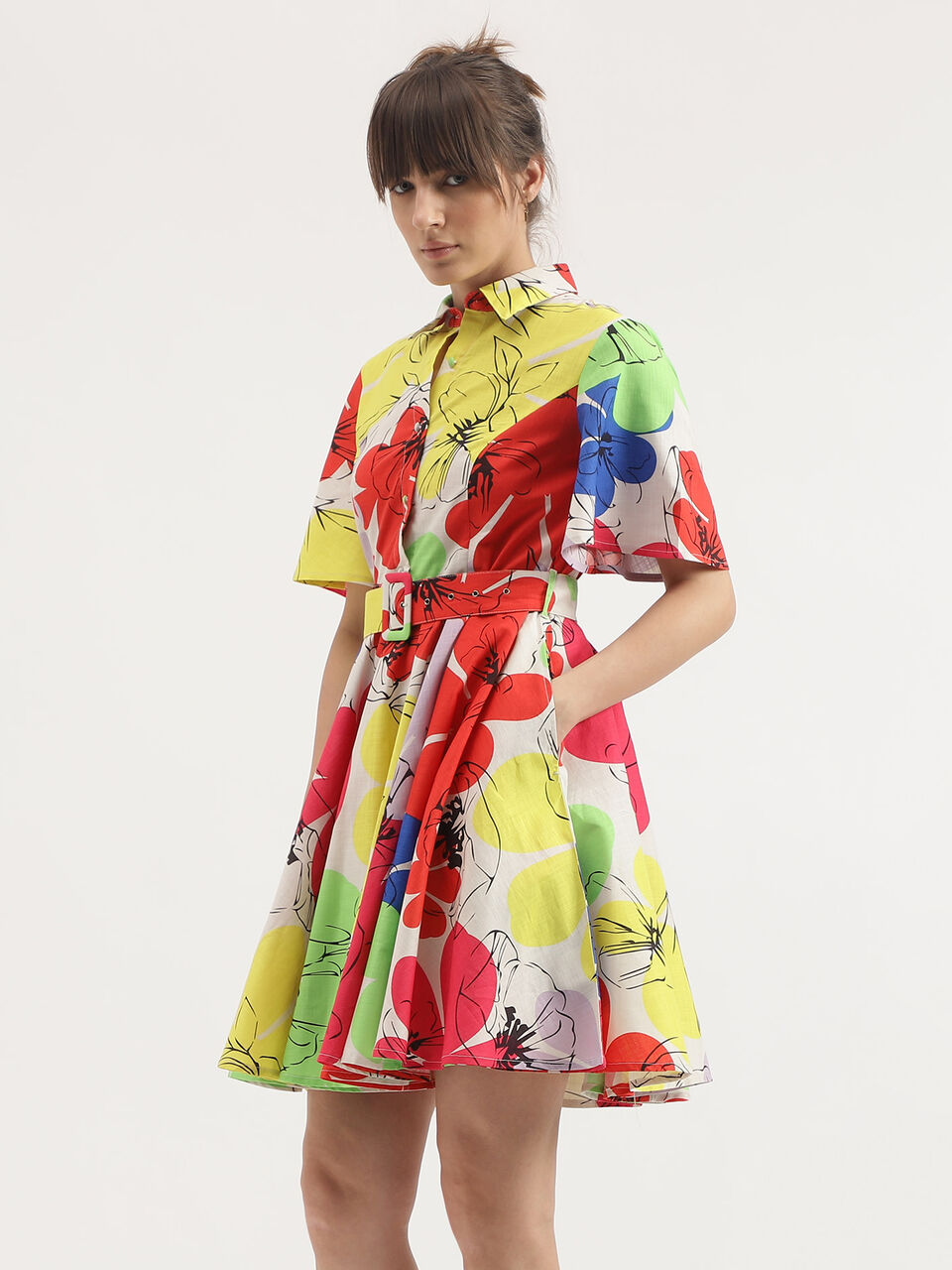 S/S PRINTED SHORT FLARE DRESS WITH BELT image number null