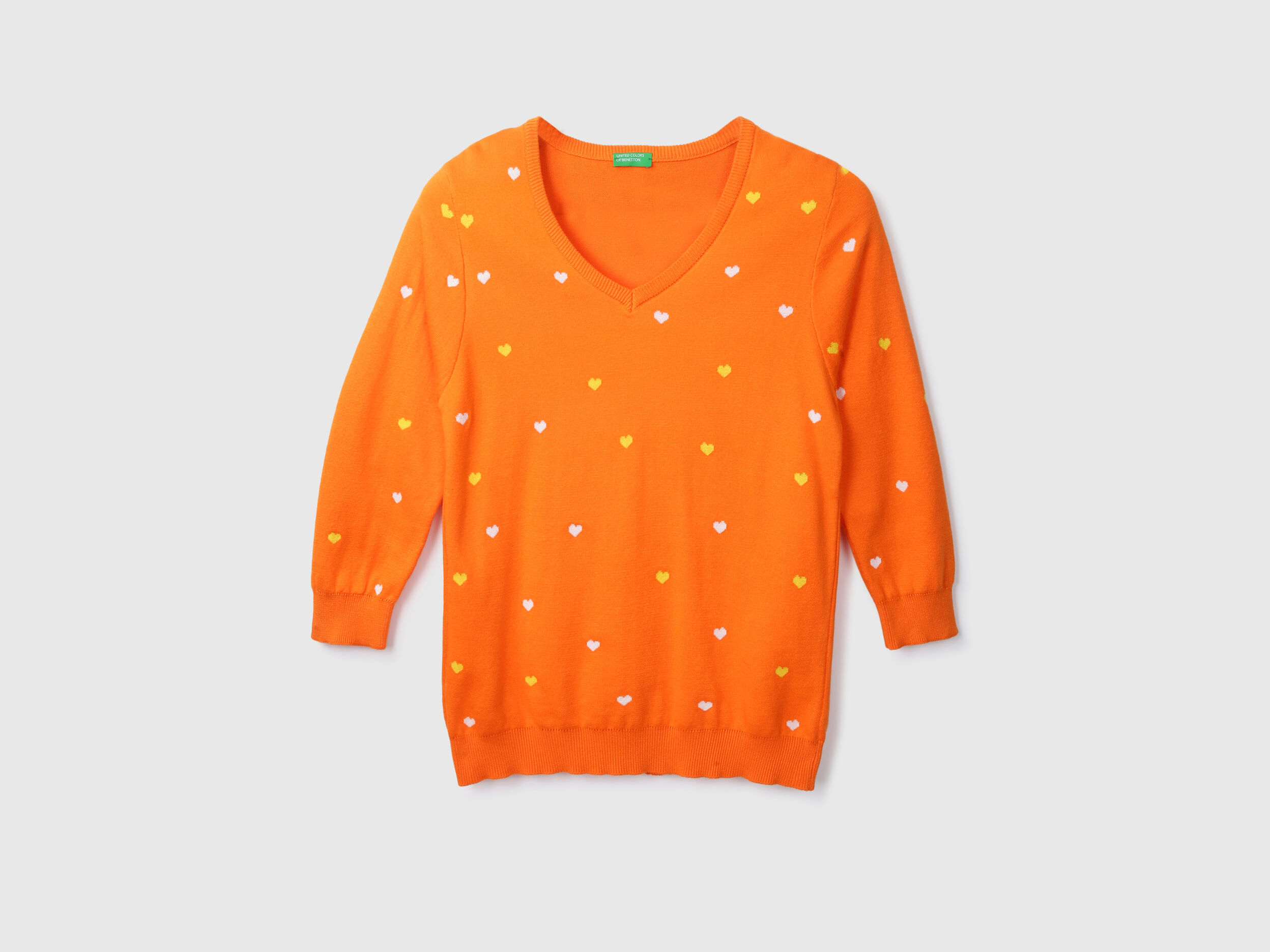 Orange V-Neck Printed Sweater - Orange | Benetton