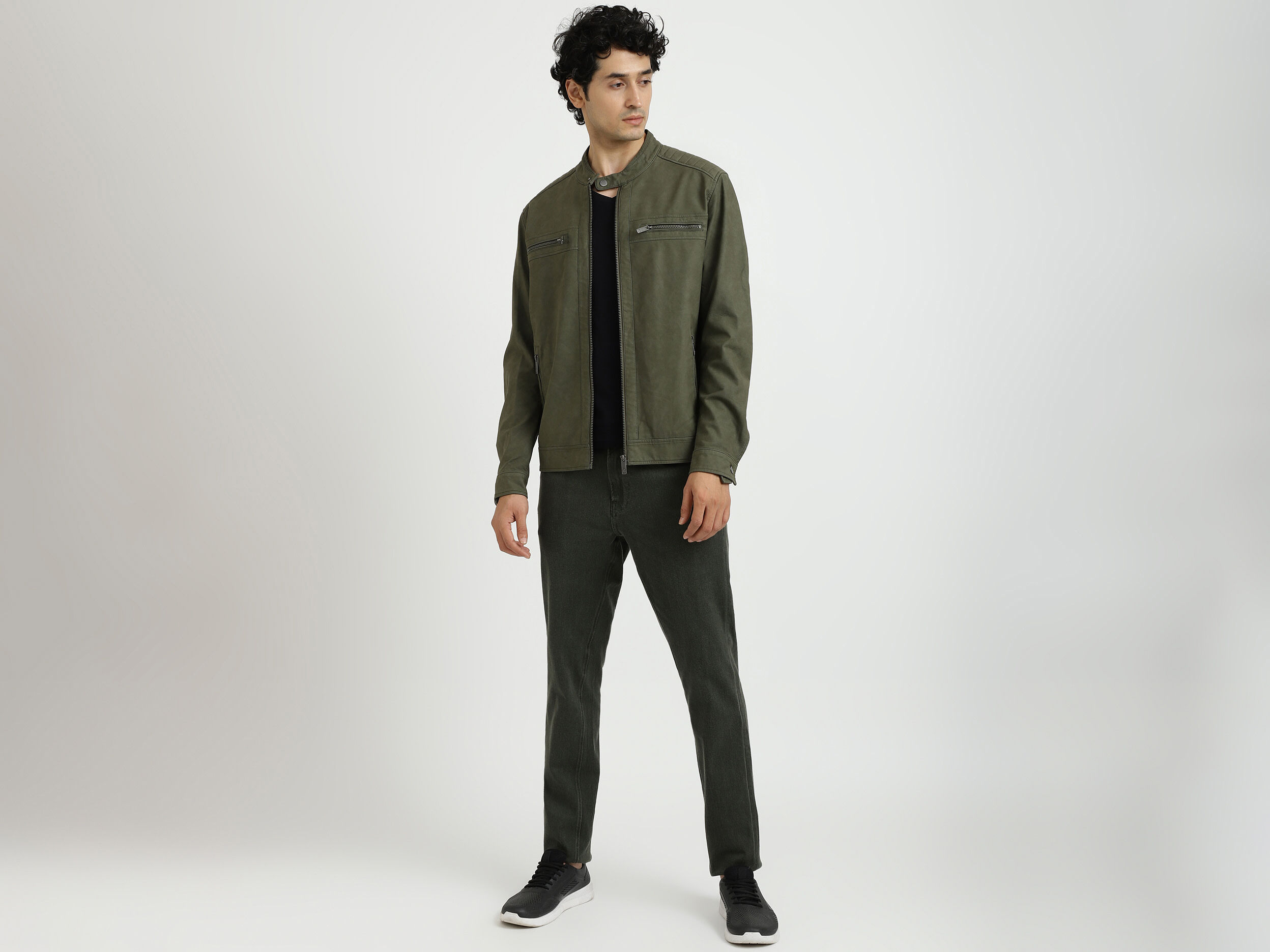 Men Solid Band Collar Jacket Green Benetton