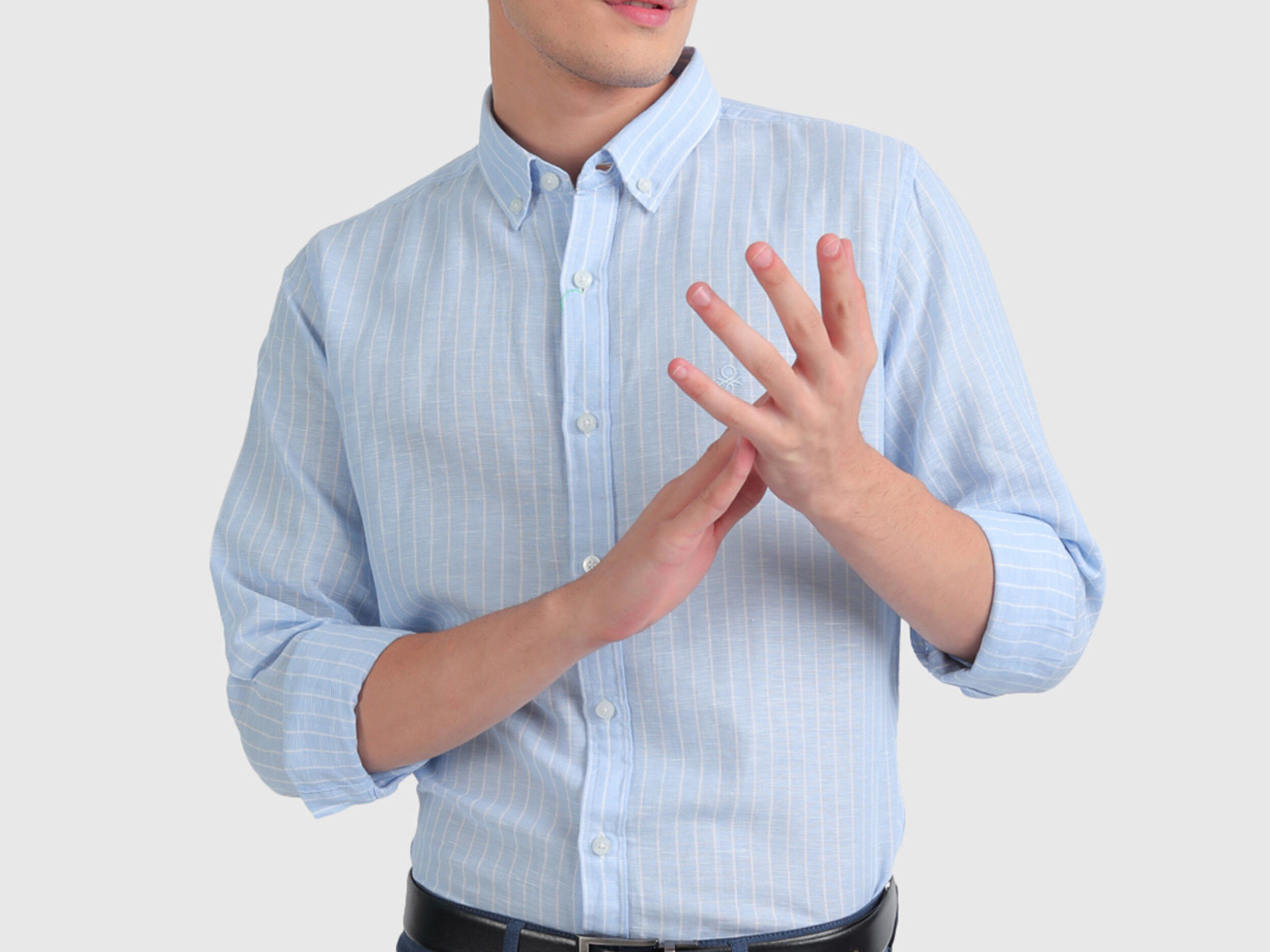 Linen Striped Shirt with Long Sleeves - Sky Blue | Benetton