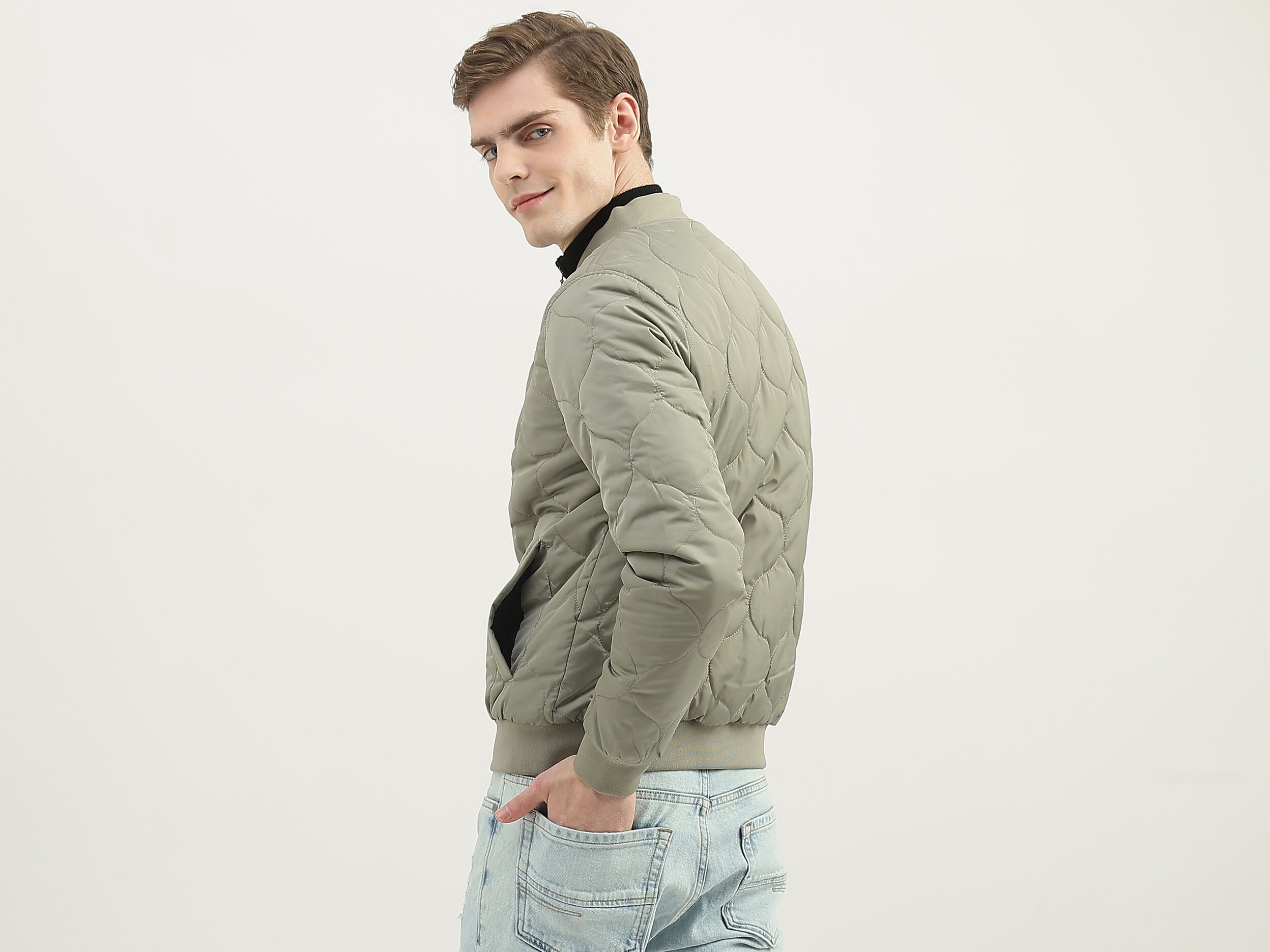 Men Quilted Stand Collar Jacket Gray Benetton