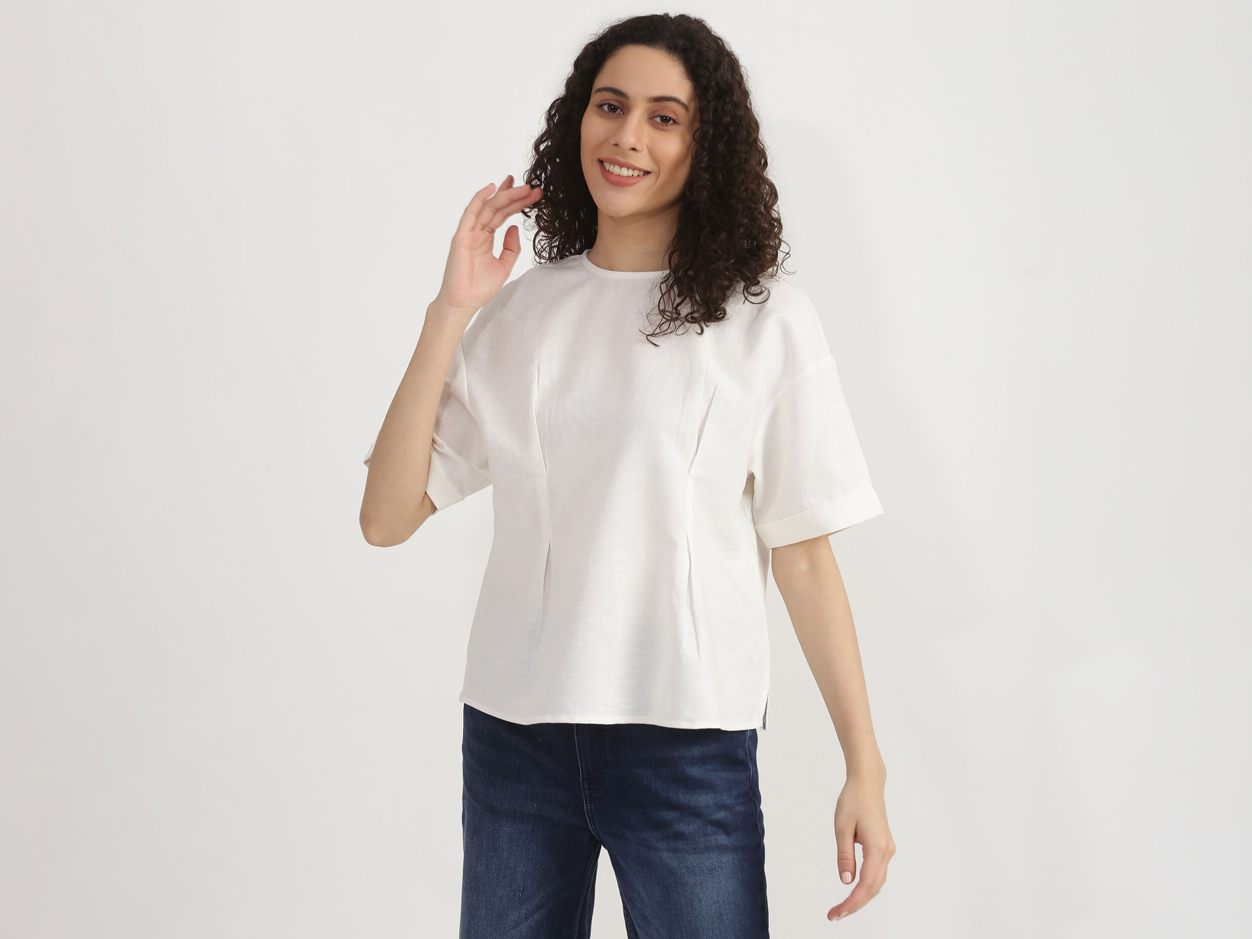 Short Sleeve Tapered Linen Blouse - White | Benetton