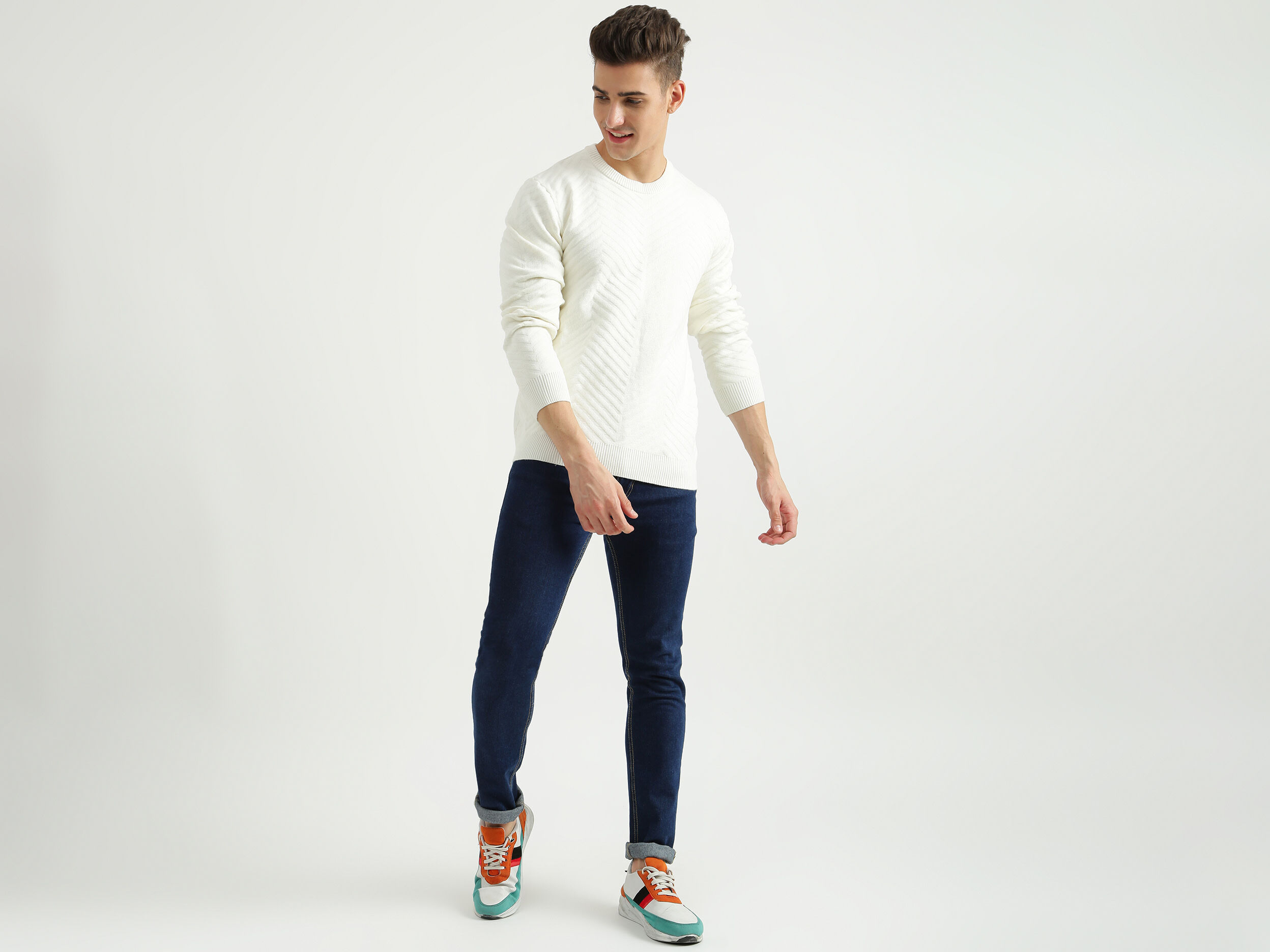 Mens Long Sleeve Textured Sweater - White | Benetton