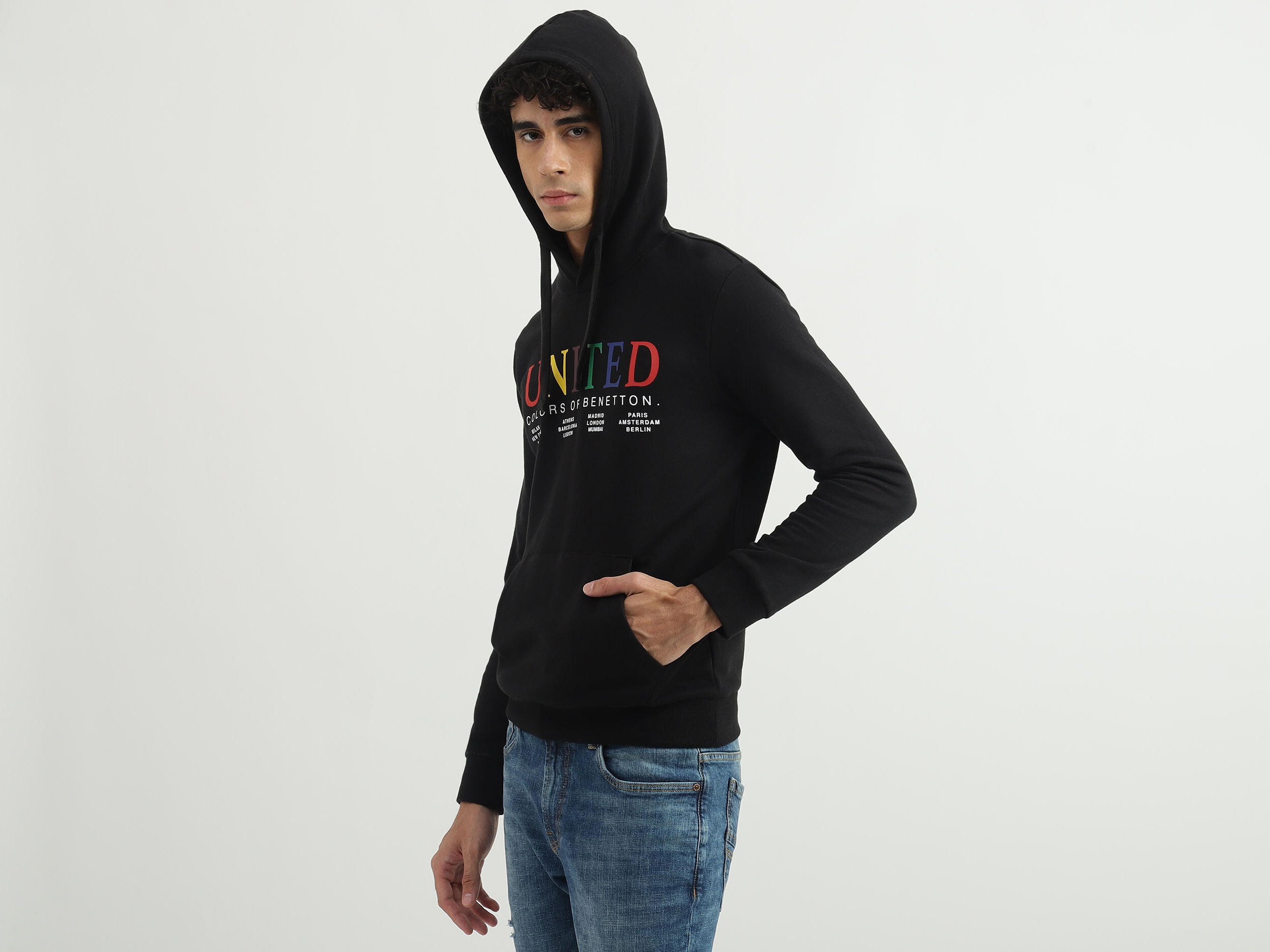 売れ筋がひクリスマスプレゼント！ Printed Men Hooded Benetton | Black - Sweatshirt トップス