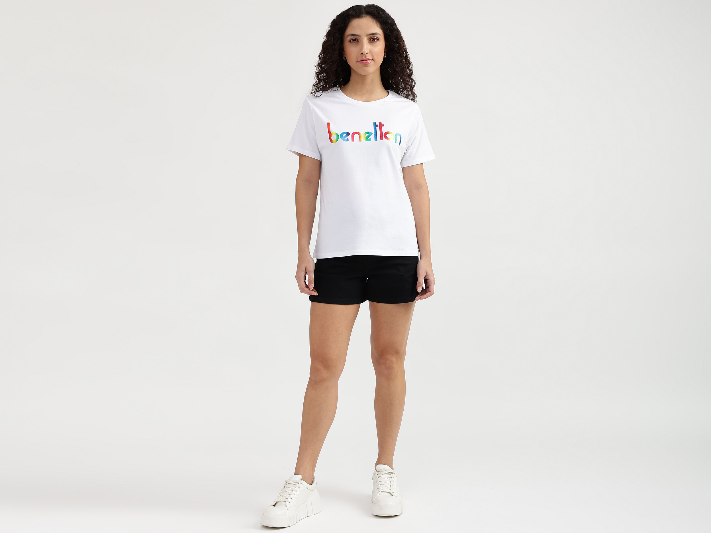 Ladies White Printed Round Neck T-Shirt - White | Benetton