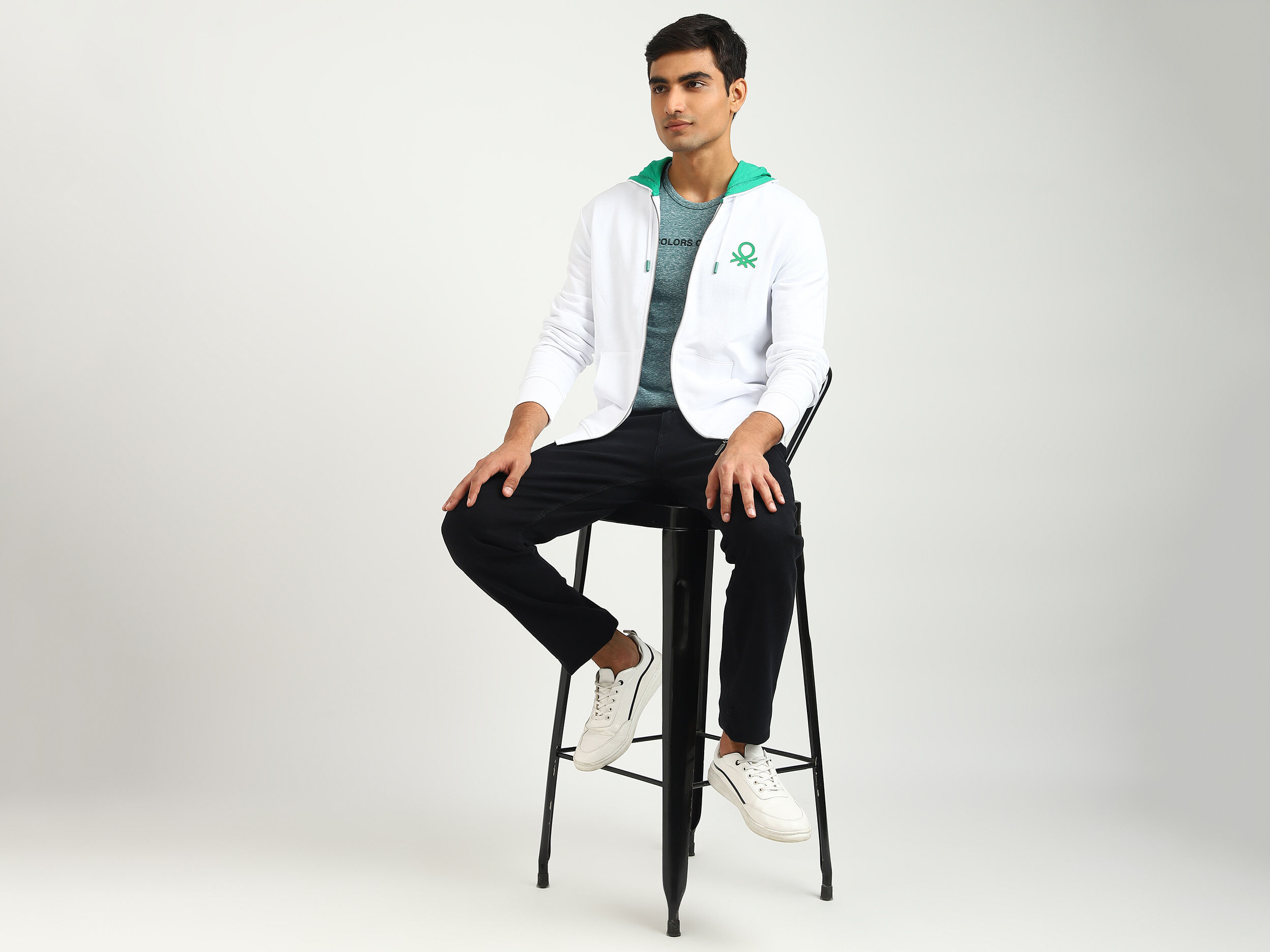 Men Brand Logo Hooded Sweatshirt - White | Benetton