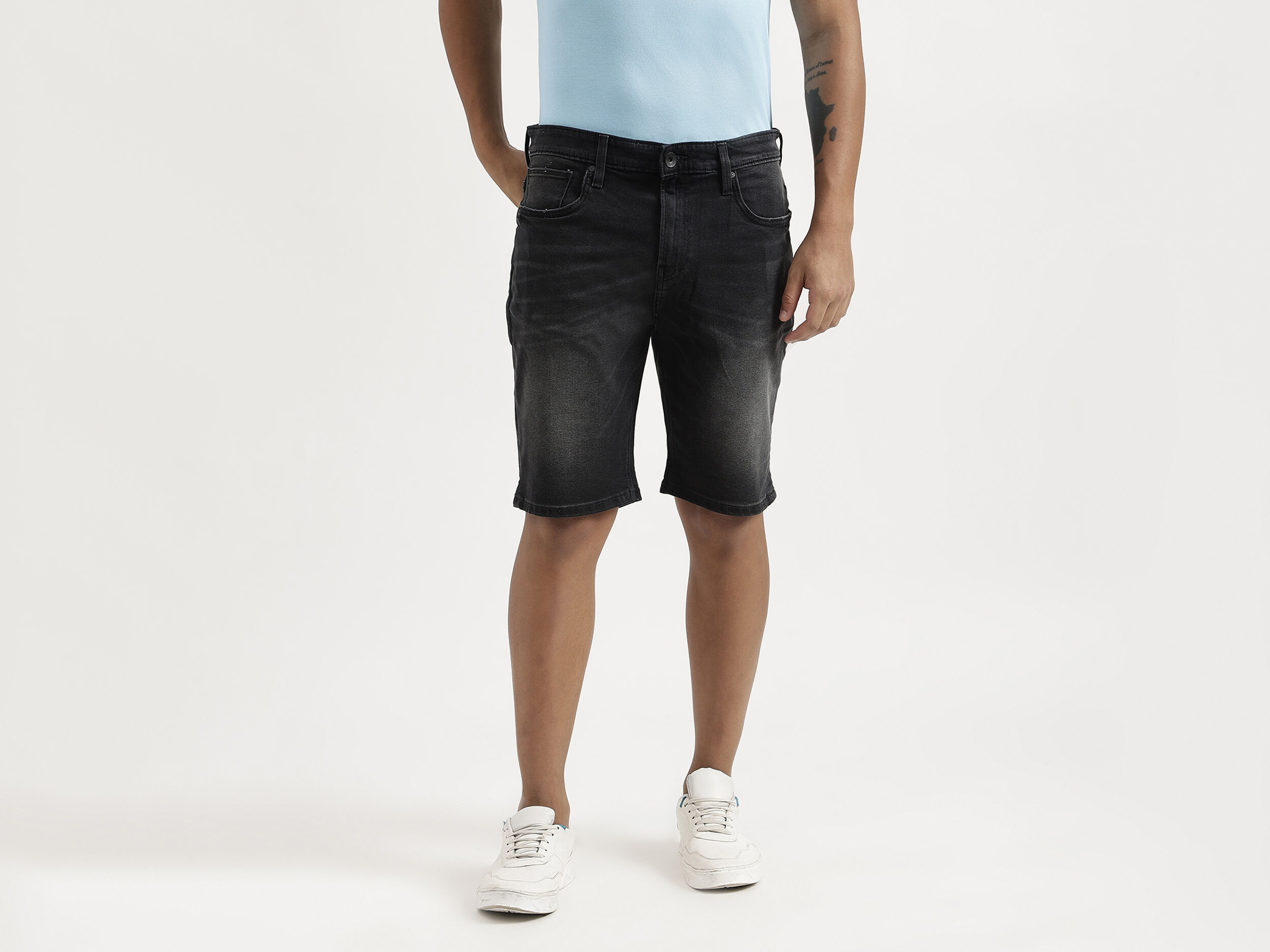 Men Black Denim Shorts Black Benetton
