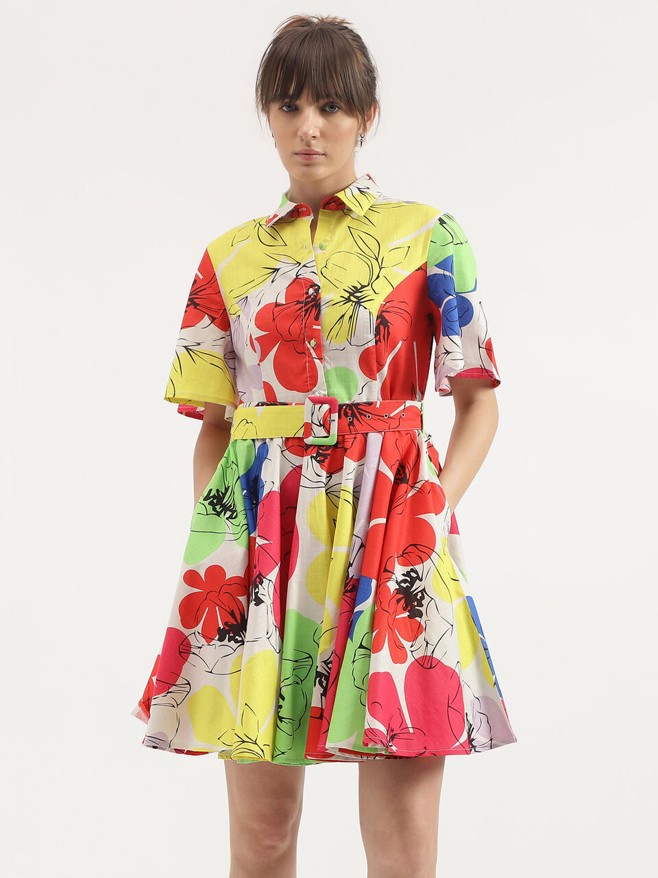 S/S PRINTED SHORT FLARE DRESS WITH BELT image number null