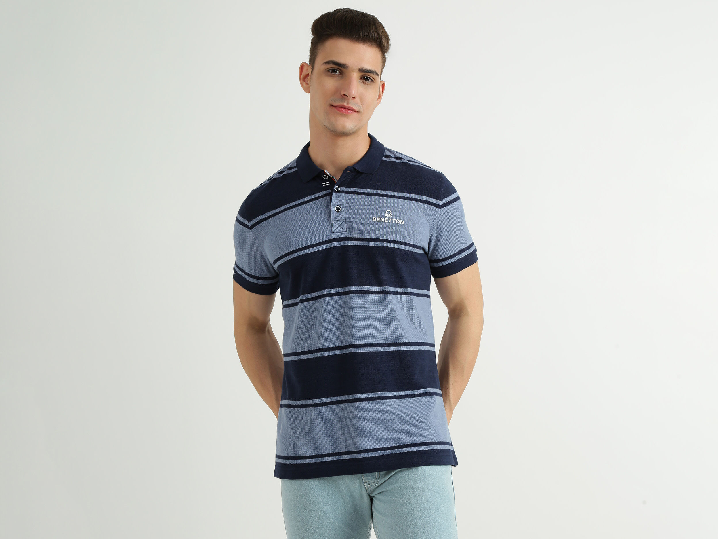 Mens Short Sleeve Stripe Polo T Shirt Blue Benetton