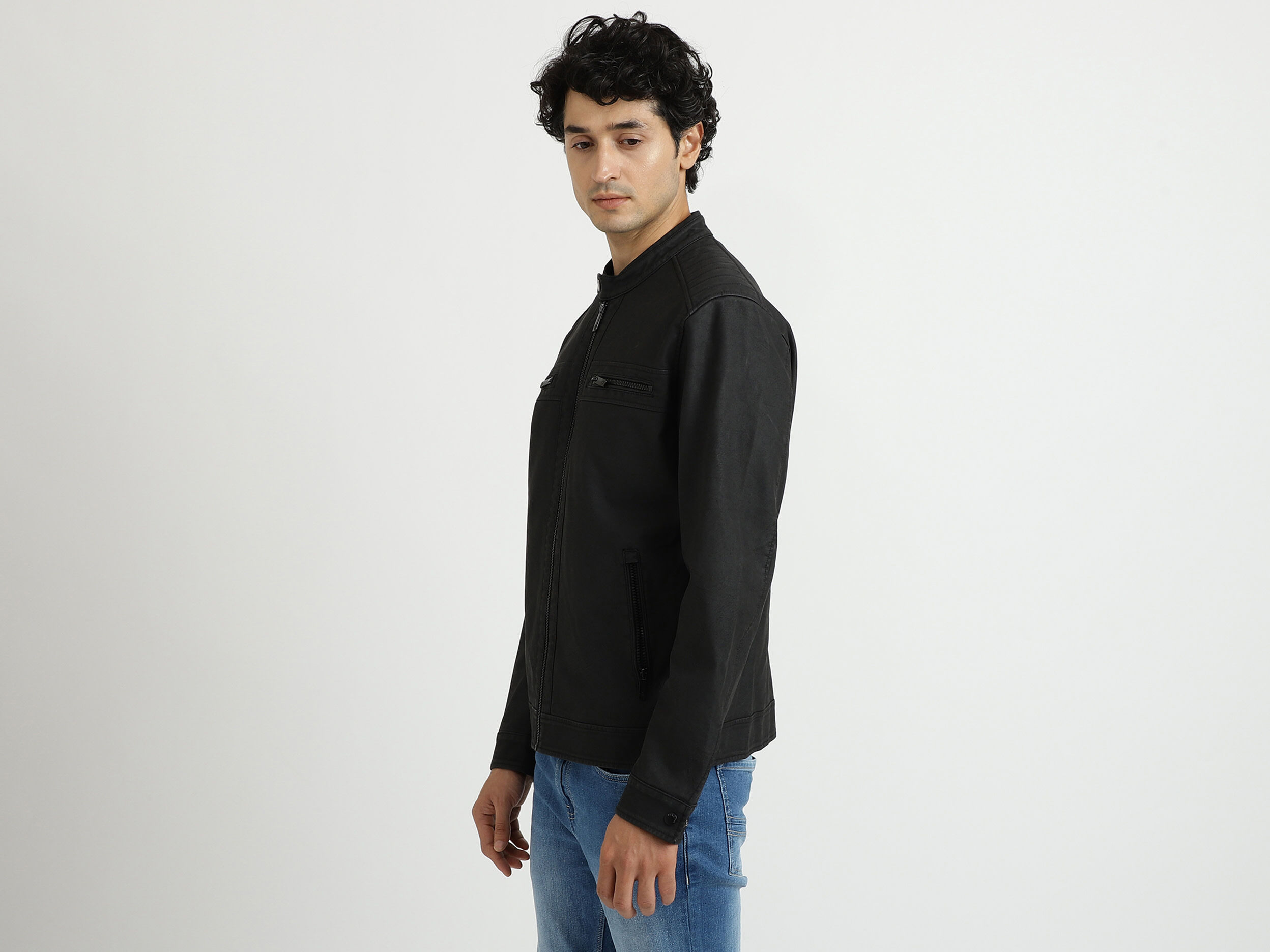 Men Solid Band Collar Jacket Black Benetton