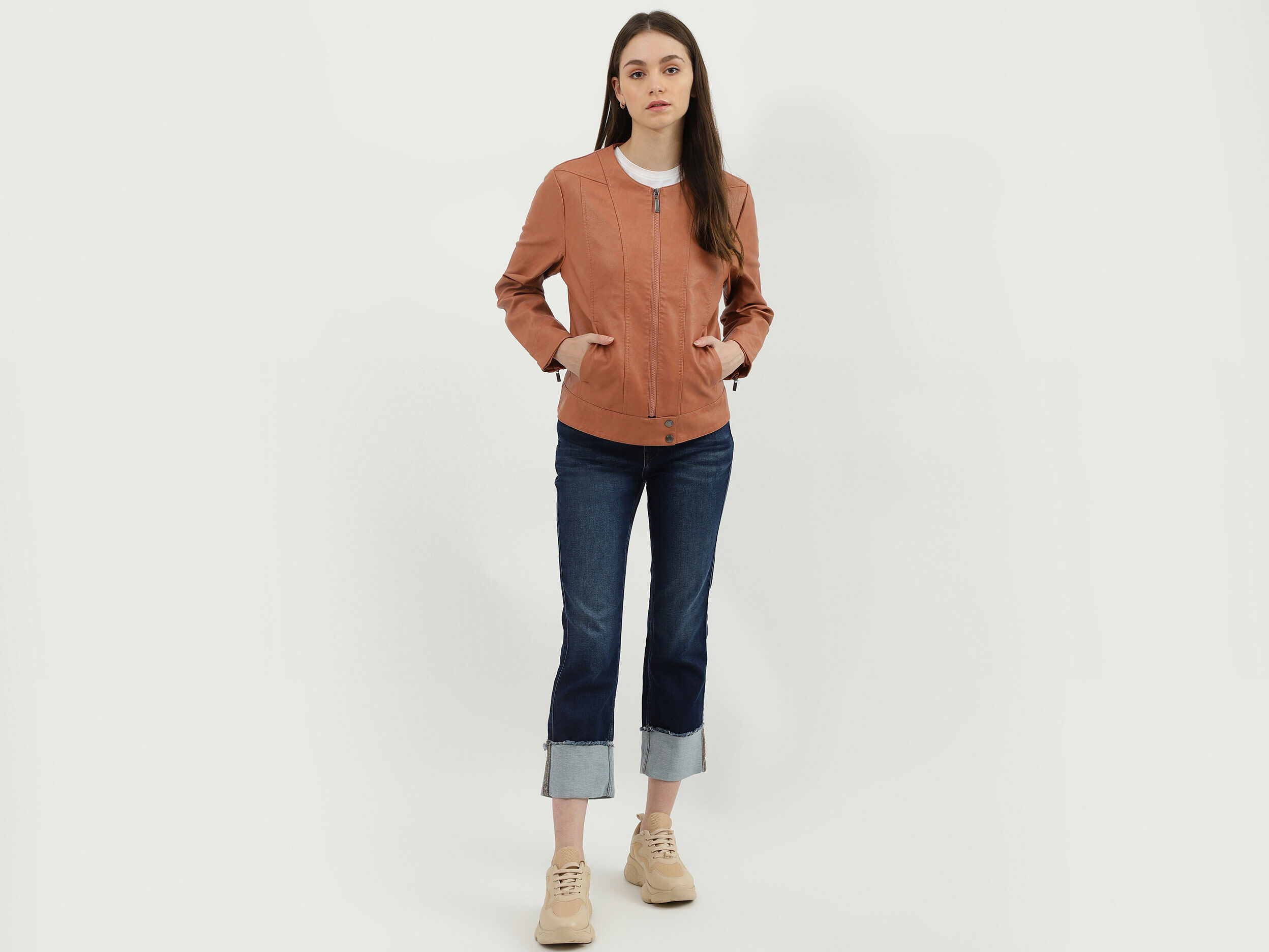 Women Solid Round Neck Jacket - Brown | Benetton