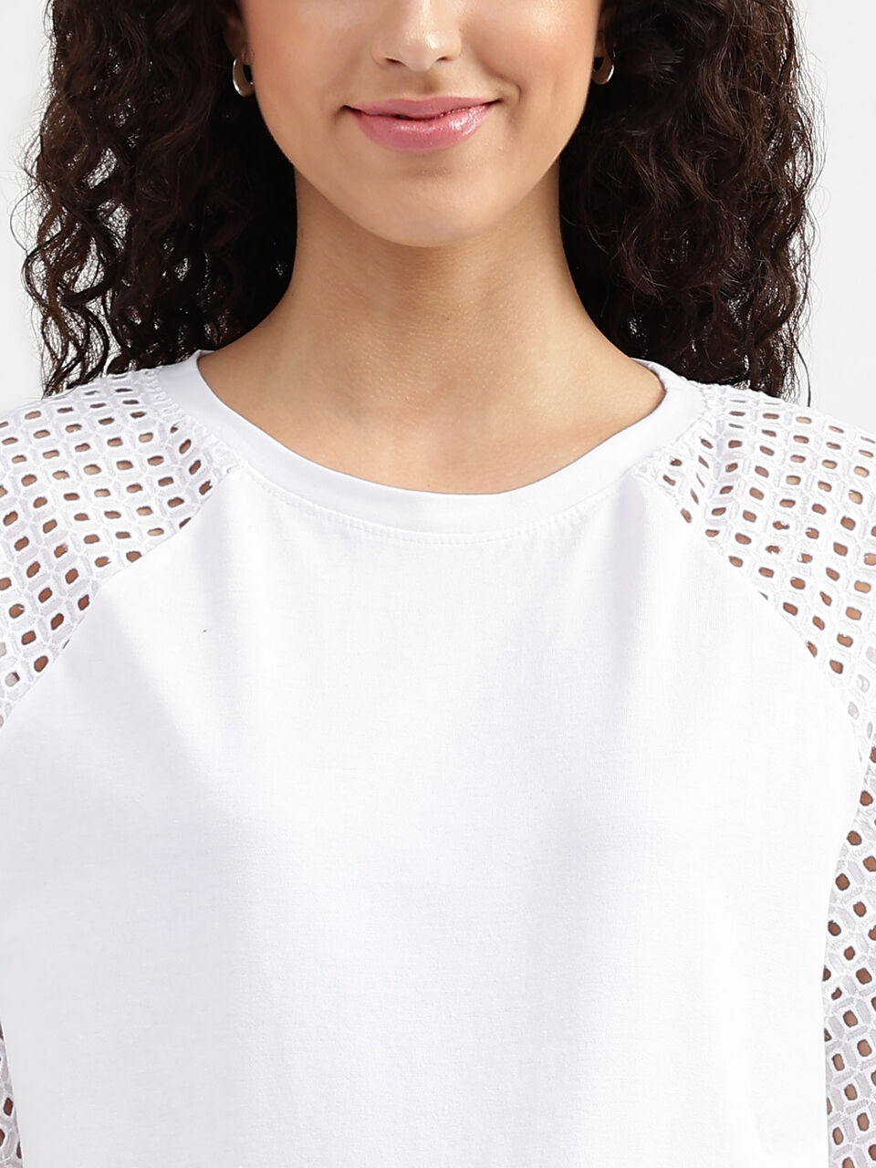 Short Sleeves Raglan Schiffli Knit Woven Top image number null