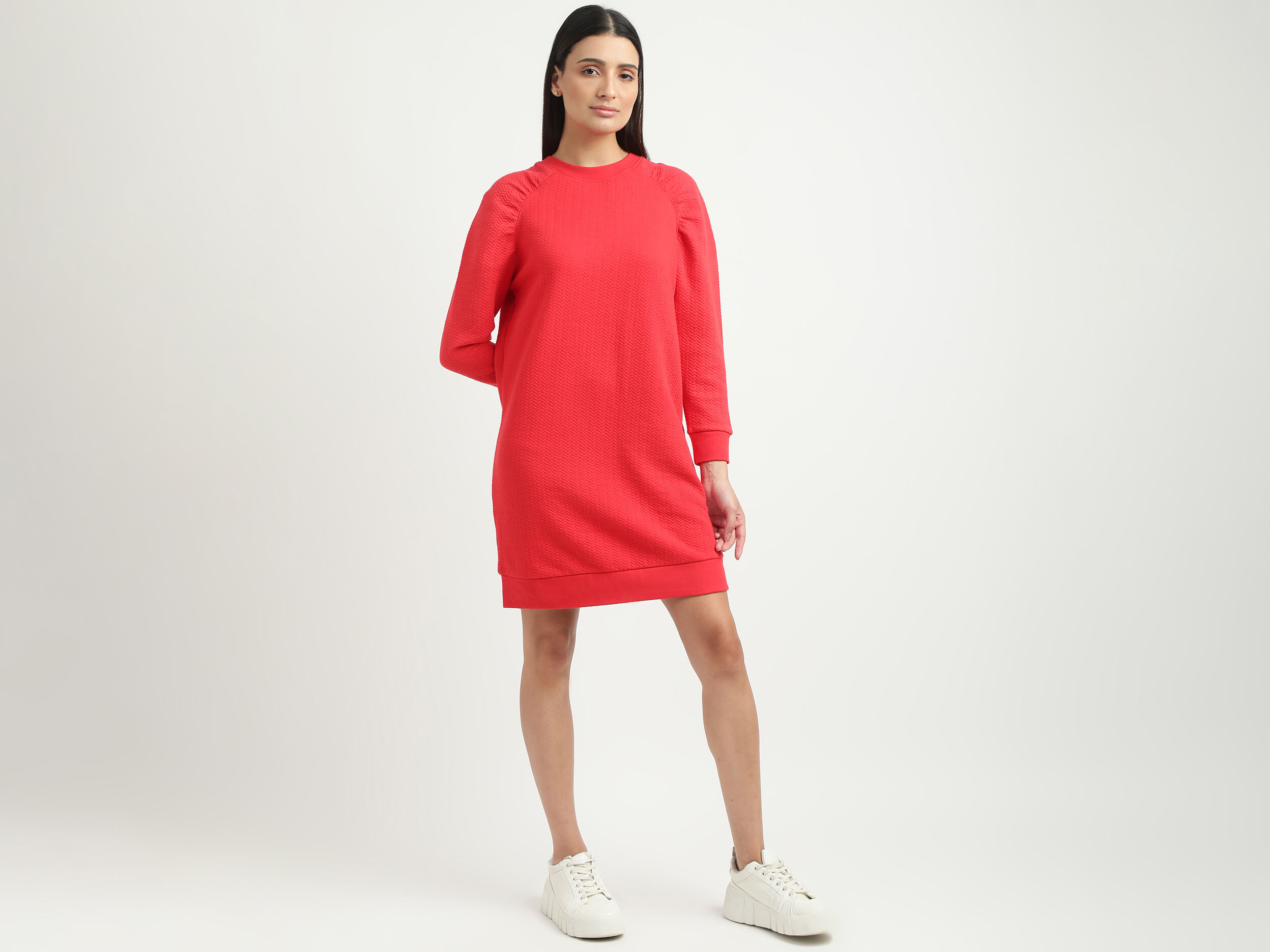 Women Herringbone Round Neck Dress Red Benetton