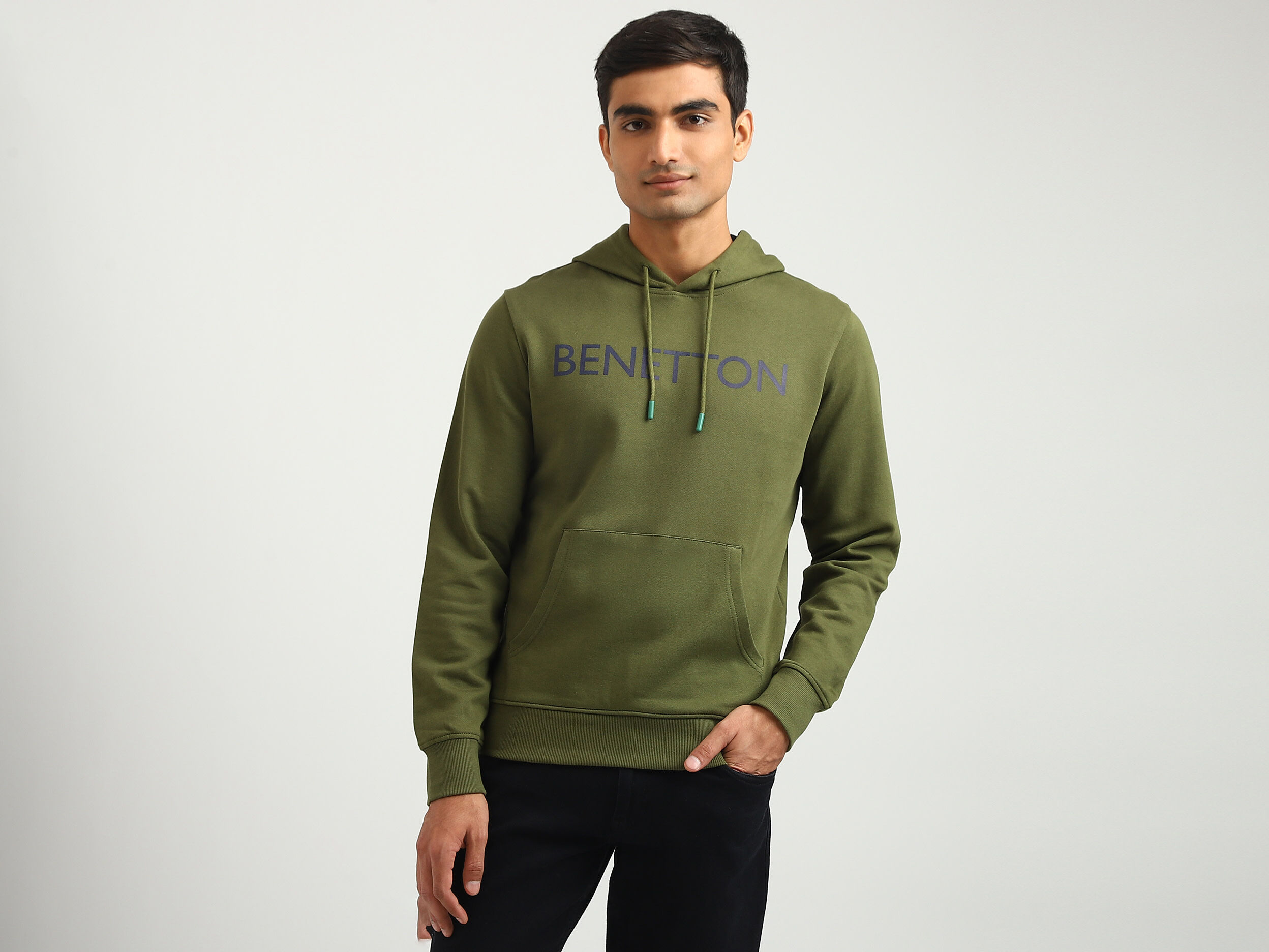 Men Printed Hooded Sweatshirt Green Benetton