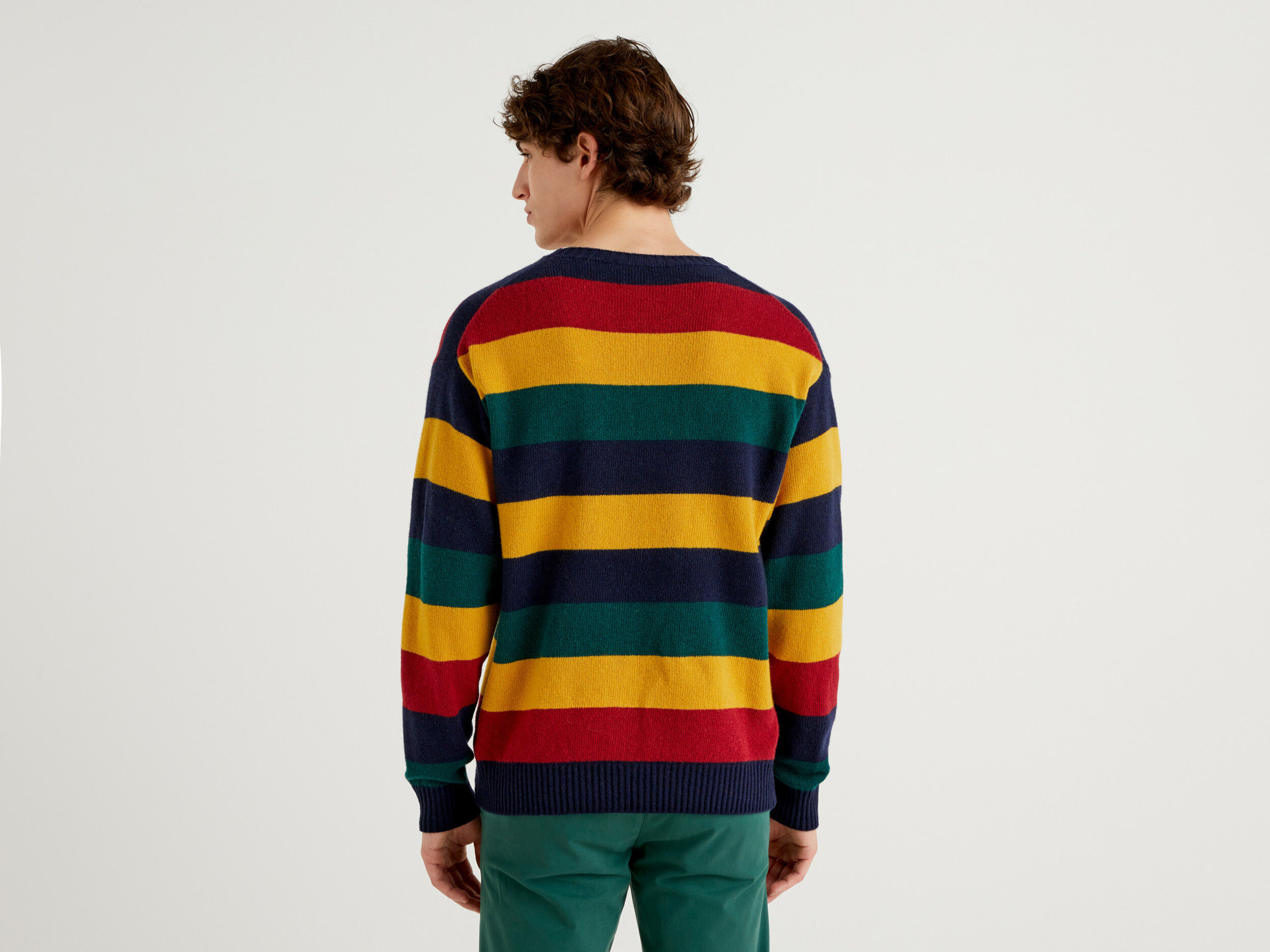 Men Striped Round Neck Sweater Multi color Benetton