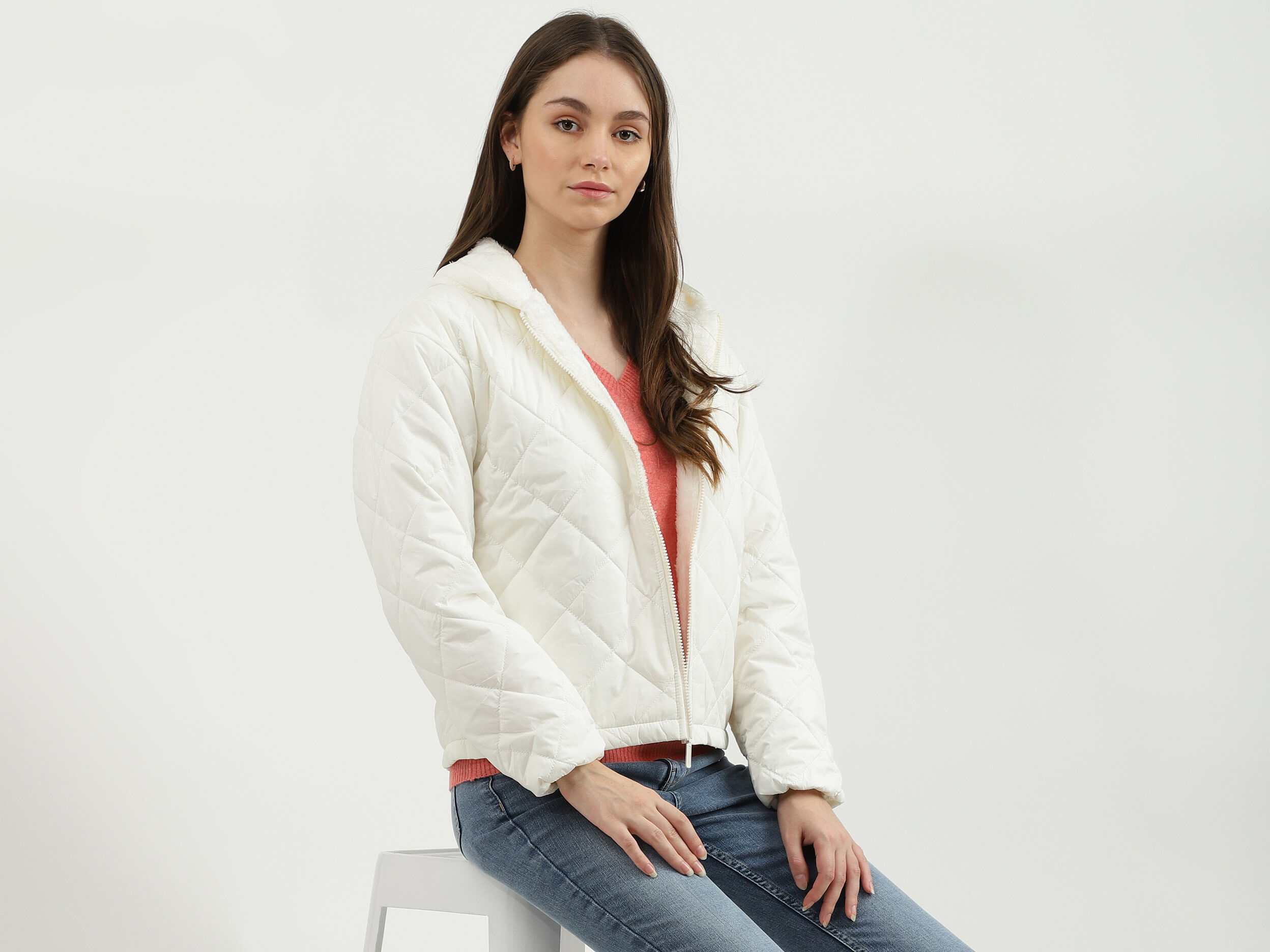 Women Quilted Hooded Neck Jacket - White | Benetton