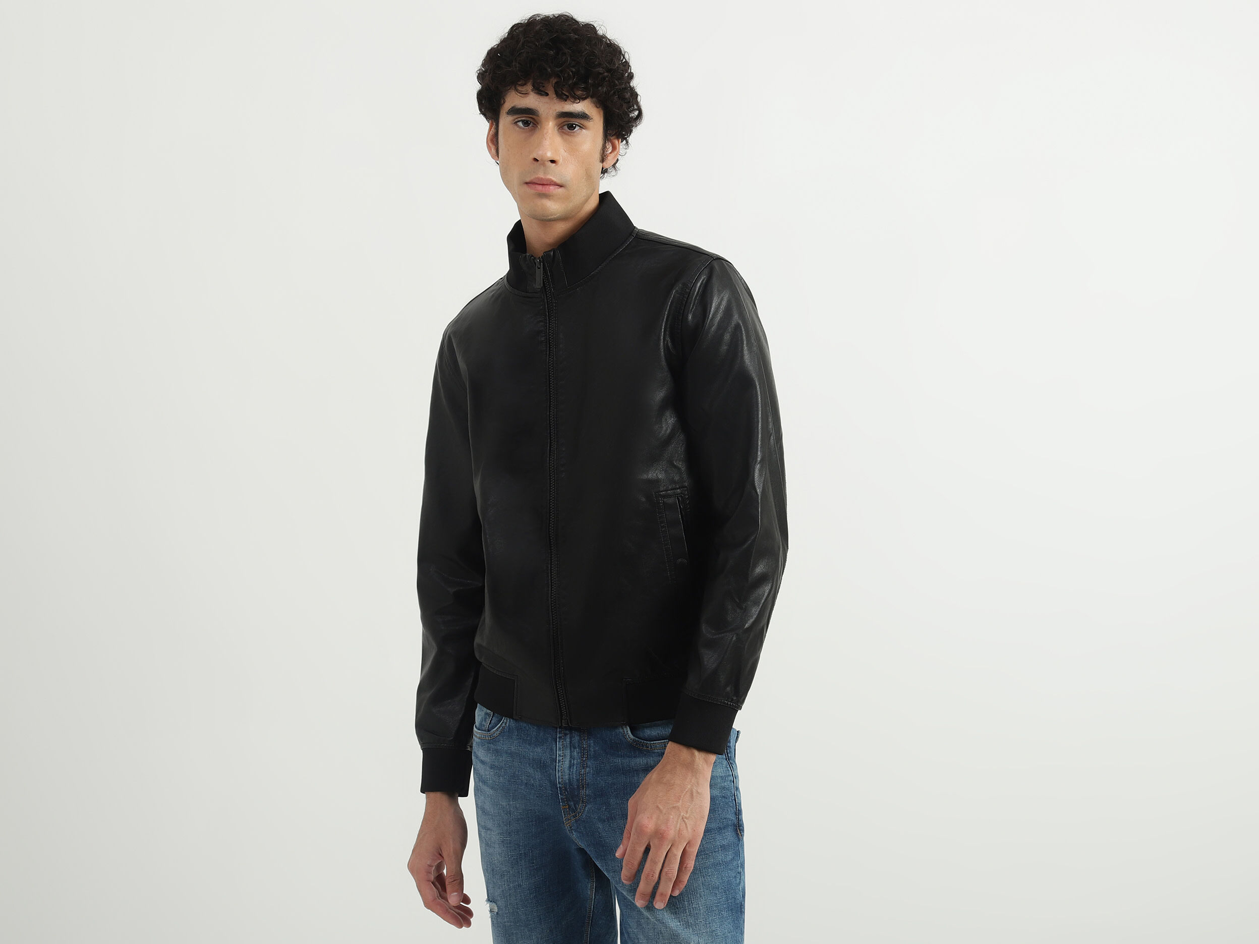 最安値に挑戦！ Neck High Solid Men Jacket Benetton | Black - ジャケット・アウター